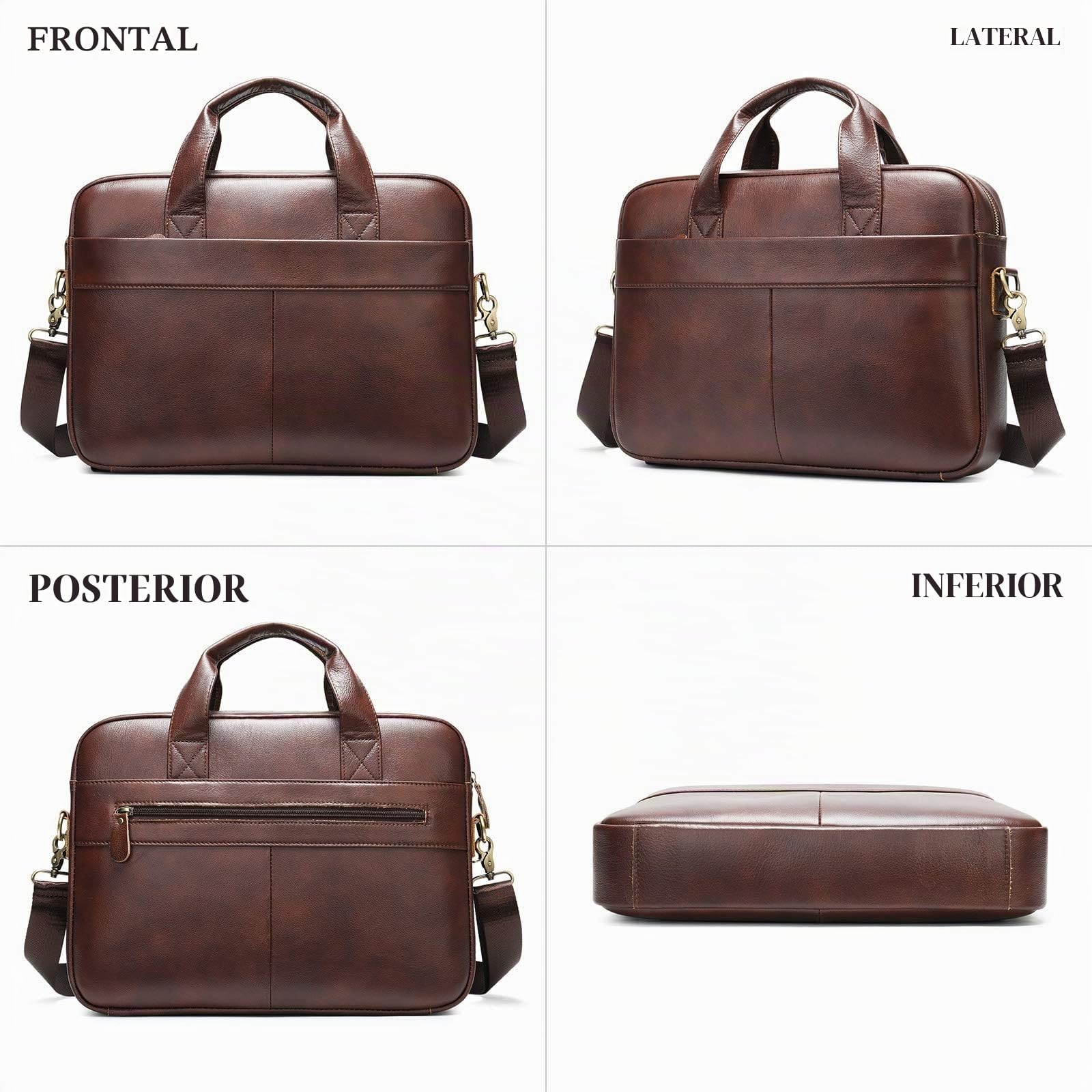 VINBAGGE Maletin Portatil 15,6 pulgadas, Piel Vacuno Genuino Bolso Mensajero con Correa, Maleta Portadocumentos Bandolera de cuero para Hombre Mujer Trabajo Viaje Oficina Universidad