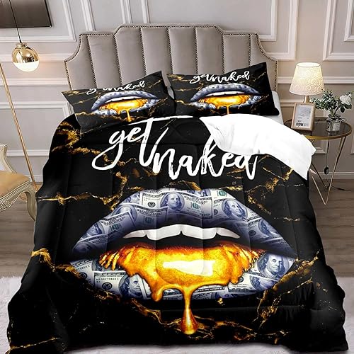 LUVIVIHOME Juego de edredón de 3 piezas con diseño de labios y dinero, tamaño Queen, con textura de mármol de cien dólares, diseño moderno de mármol