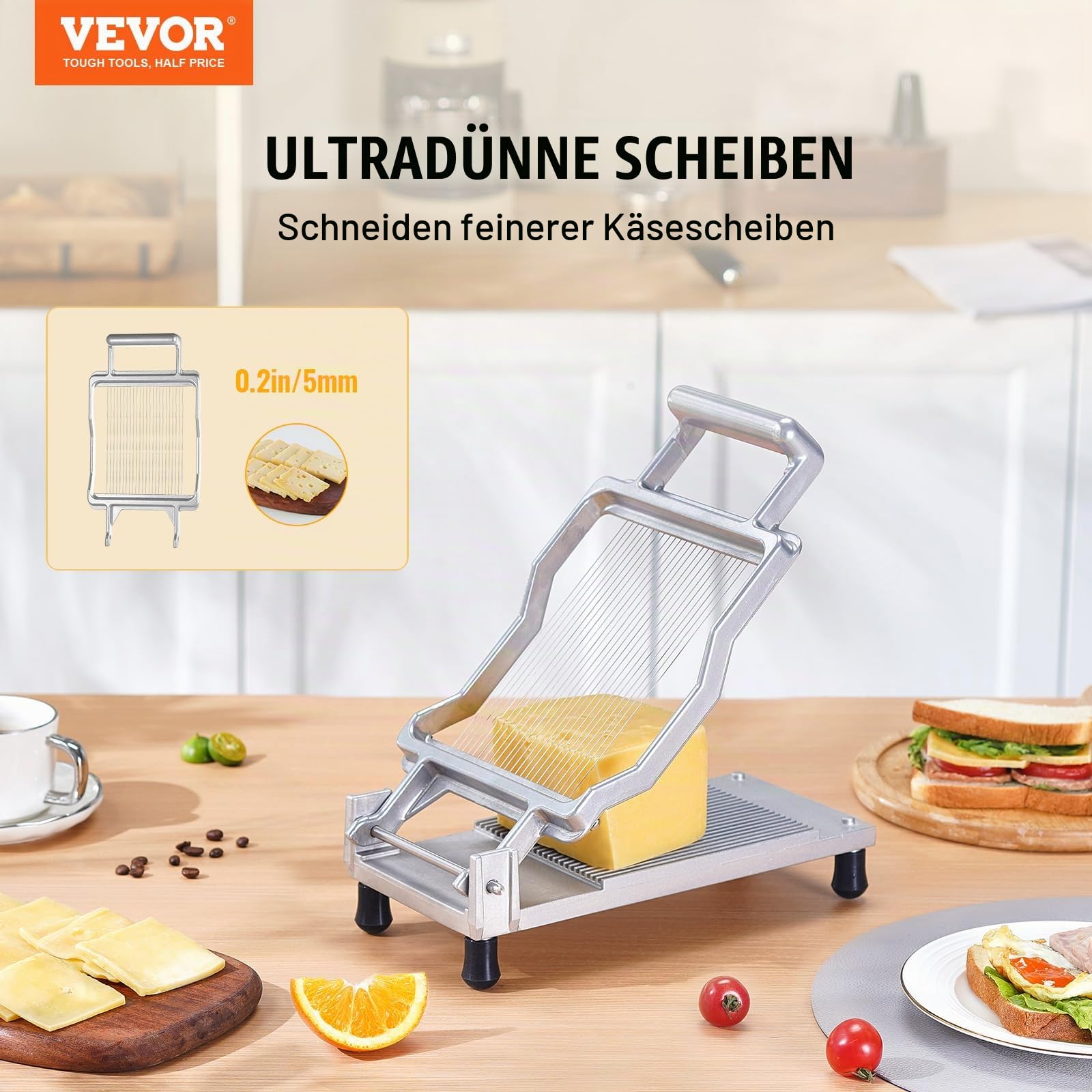 VEVOR Käseschneider mit Draht, Käsehobel 5,08 mm ultradünne Käse-Butterschneideklinge, abnehmbarer Käsehobeldraht, Aluminiumlegierung + Edelstahl, zum Kochen in der Küche, Schneidewerkzeuge