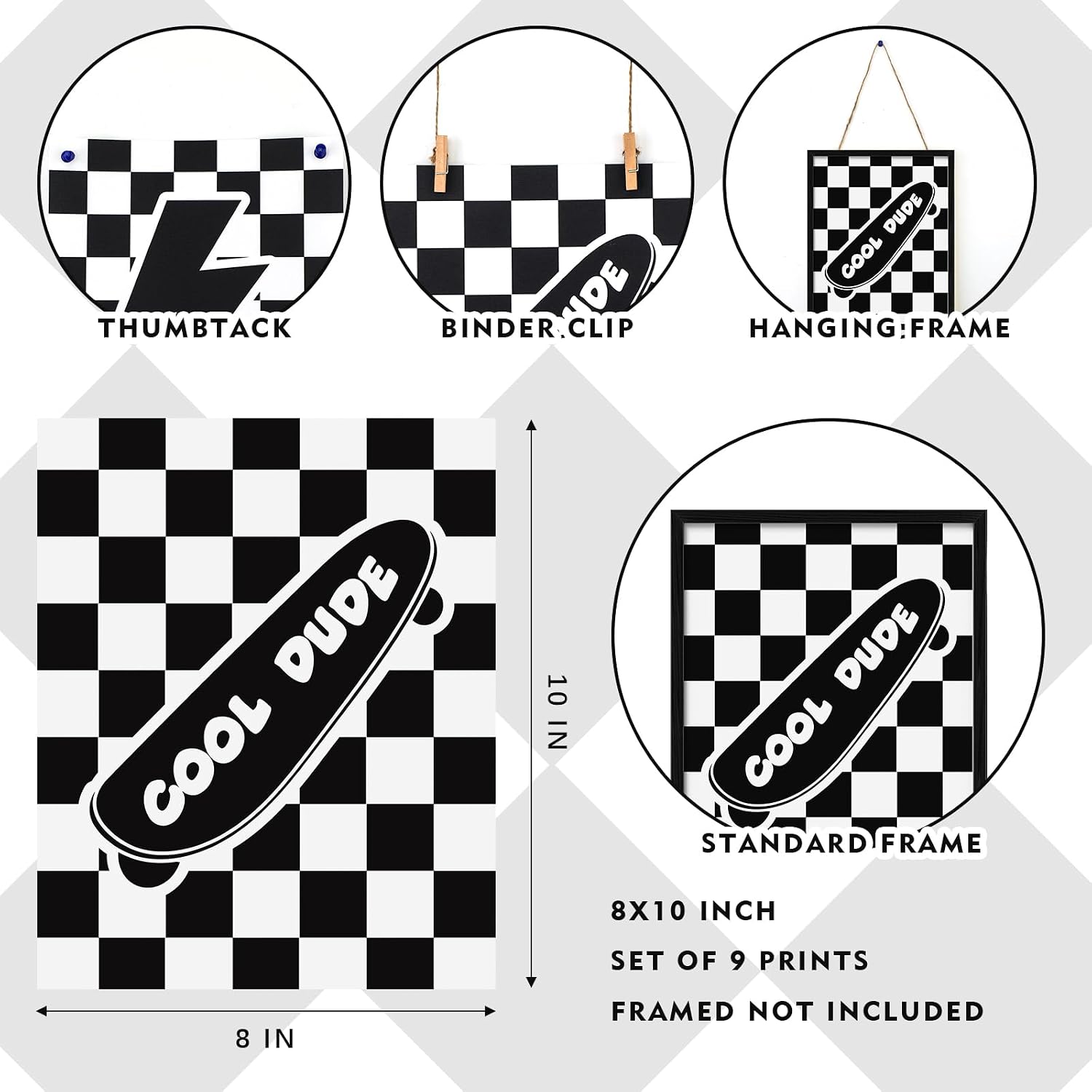 Eersida 9 Pcs Retro Checkered Preppy Lightning Peace Sign Long Live Boyhood Rad Little Dude Poster Prints Boys Poster Gifts for Boy Room Dorm Decor Wall Art Unframed 8 x 10 Inch(Black)