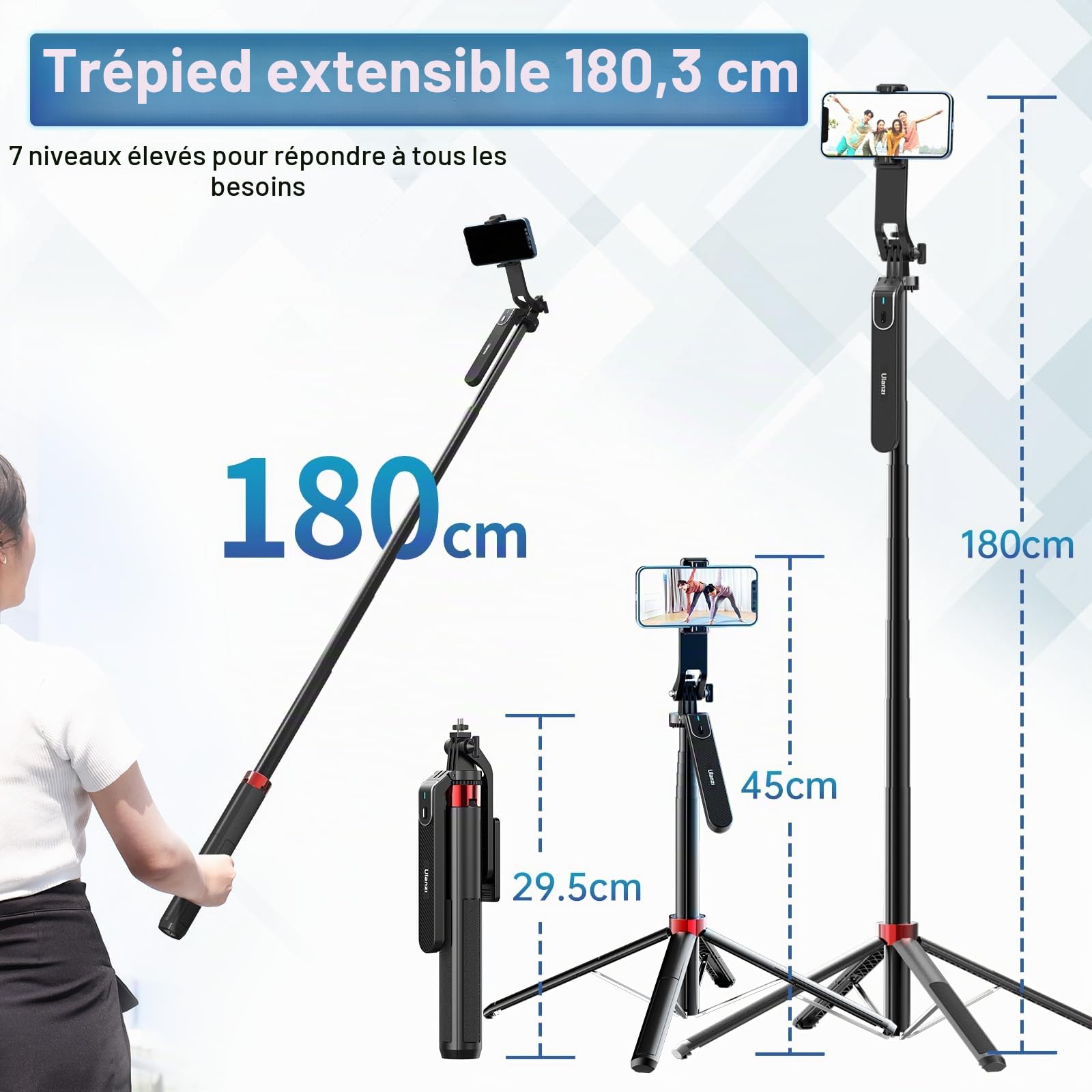Trépied Selfie Stick, ULANZI Extensible 180CM Selfie Stick Quad Trépied avec Télécommande Bluetooth, Compatible avec Téléphone Mobile