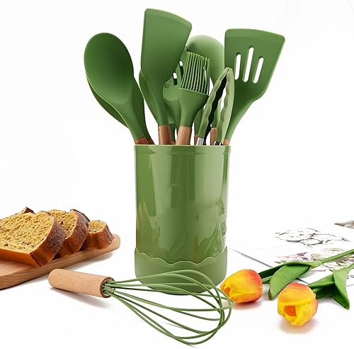 Miniatura 3 de 1 utensilio de cocina de silicona verde aguacate resistente al calor, mango de madera, espátulas de cocina antiadherentes para pescado, huevos y