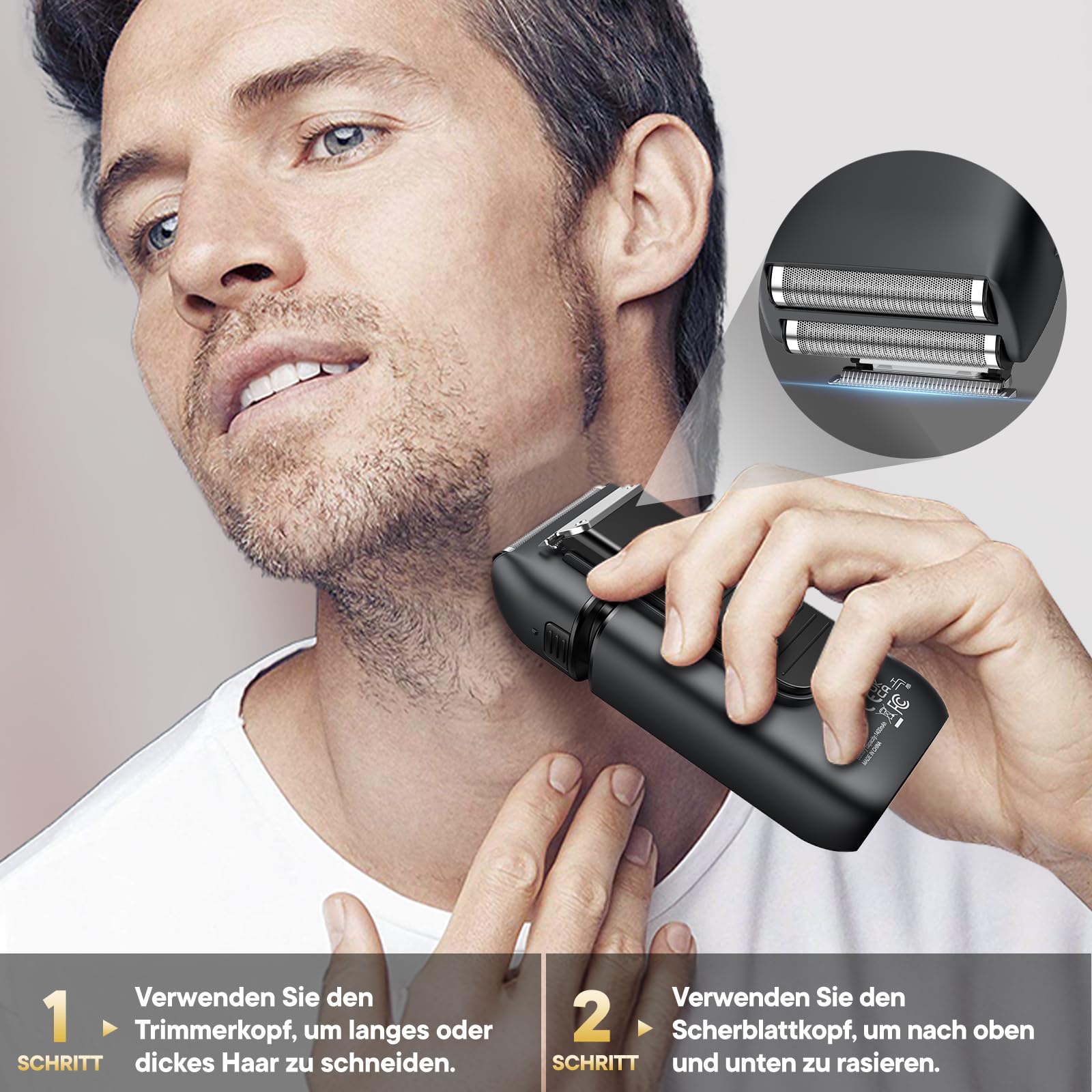 Brightup Elektrorasierer Herren, Kabelloser Wasserdichter Folienrasierer mit Ausklappbarer Langhaarschneider, 150 Min. Akku & USB-C Schnellladung, Nass-/Trockenrasur, Schwarz