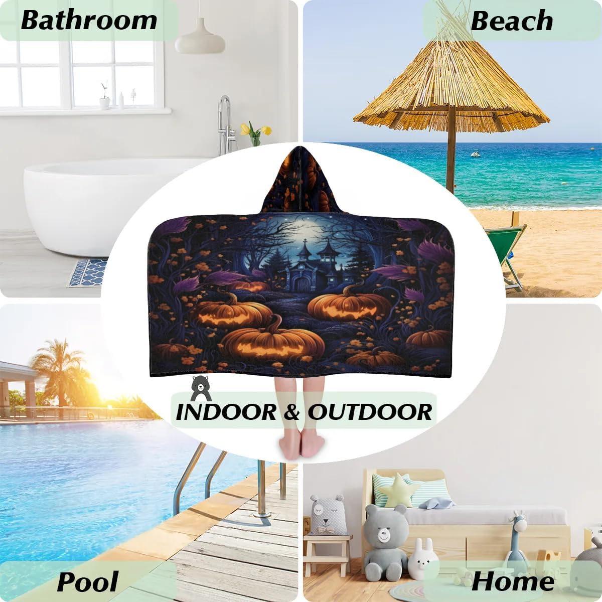 Pardick Kids Bath Towel Pumpkin Castle Tree Beach Towel with Hood Pool Cover Up for Girls Boys Soft Absorbent Hooded Bath Towel Toddler Towels for Beach, Pool