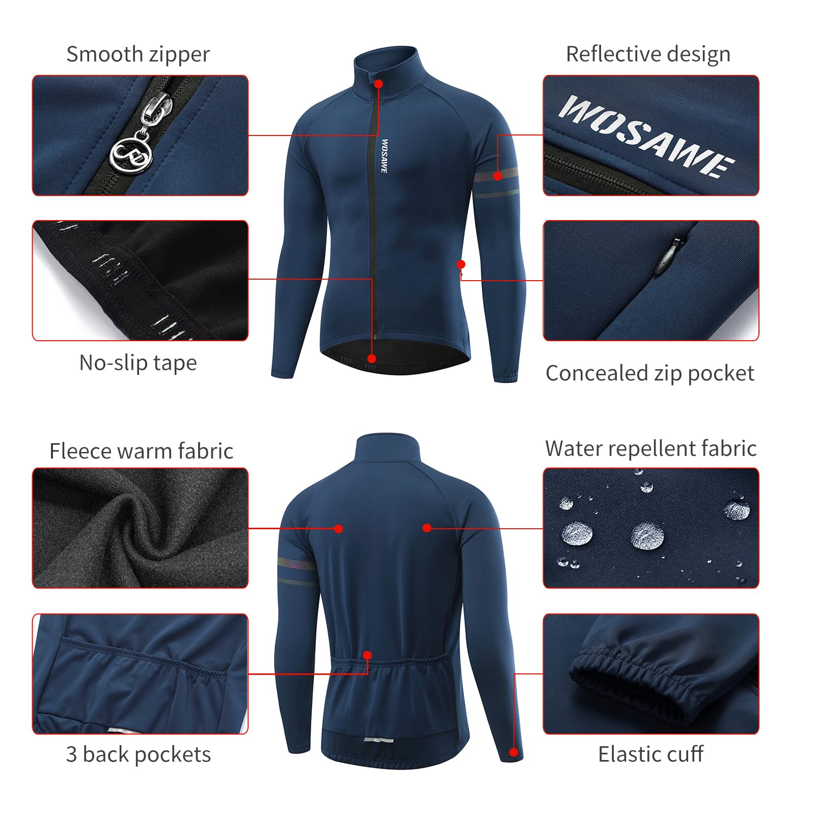 WOSAWE Veste de Cyclisme pour Homme Coupe-Vent Thermique Polaire Veste de Sport Hiver Réfléchissant Vélo VTT Manteau