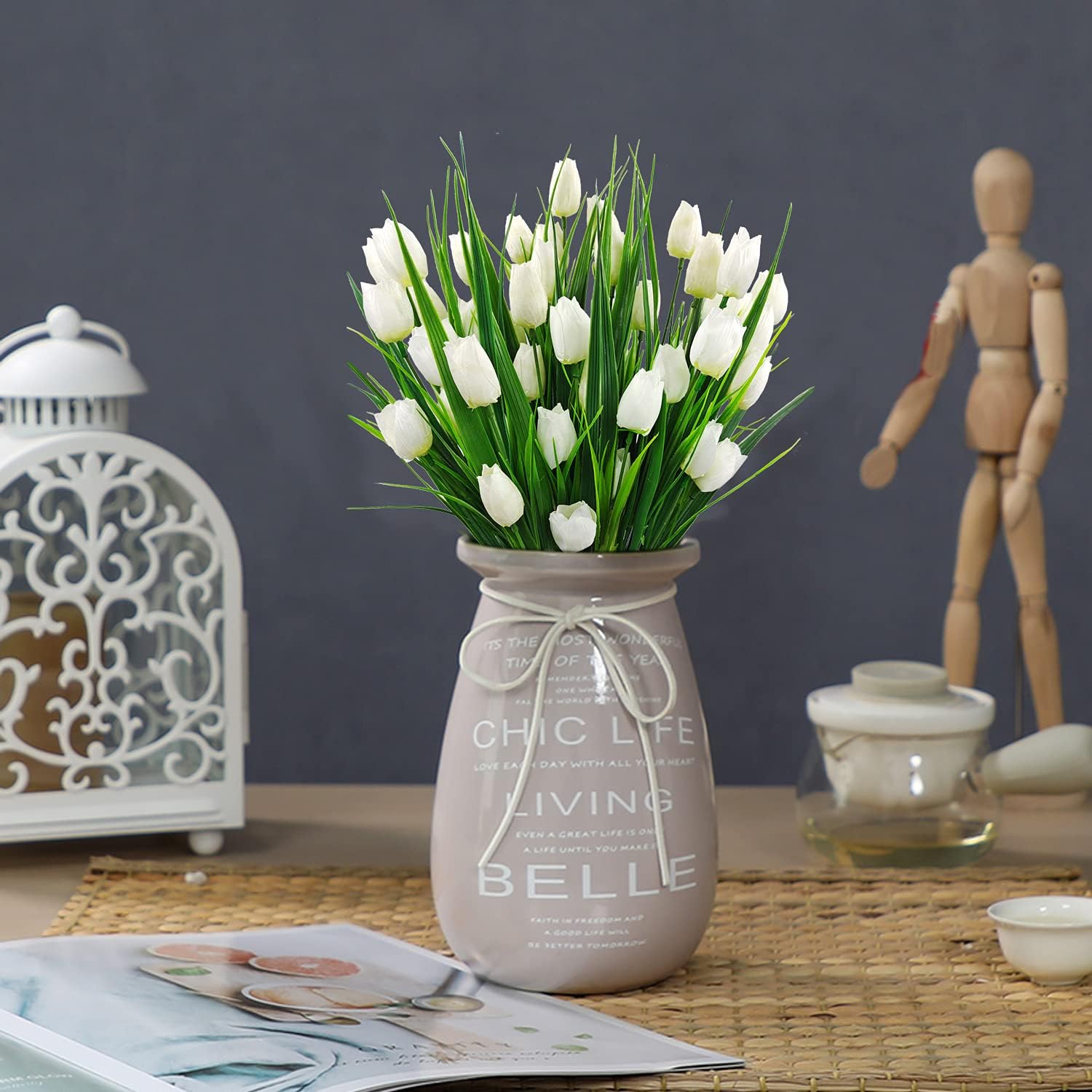 8 Bundles Outdoor Artificial Tulips Fake Flowers UV Resistant Faux Plastic Greenery Shrubs Plants for Home Outside Garden Porch Window Farmhouse Decor (White) - Image 4