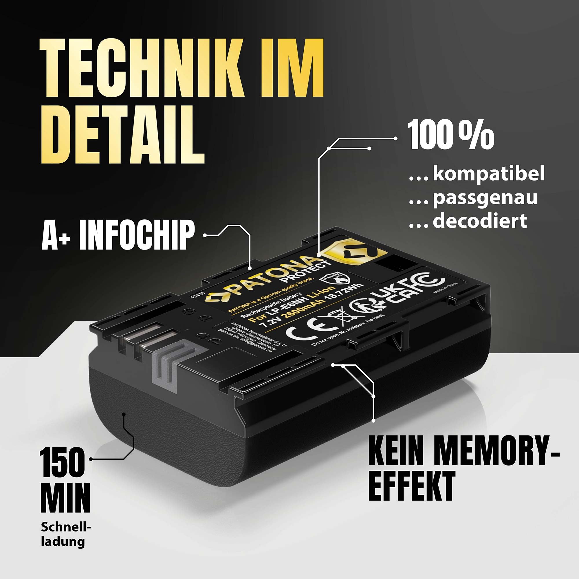 PATONA Protect Akku Ersatz für Canon LP-E6NH LP-E6 2600mAh 7.2V | Ersatzakku für EOS R5 R6 R6II R7 5D Mark I-IV 5DS 60D 6D 70D 7D 80D 90D WFT-E5 E7 XC10 XC15, mit NTC-Sensor & Schutzgehäuse