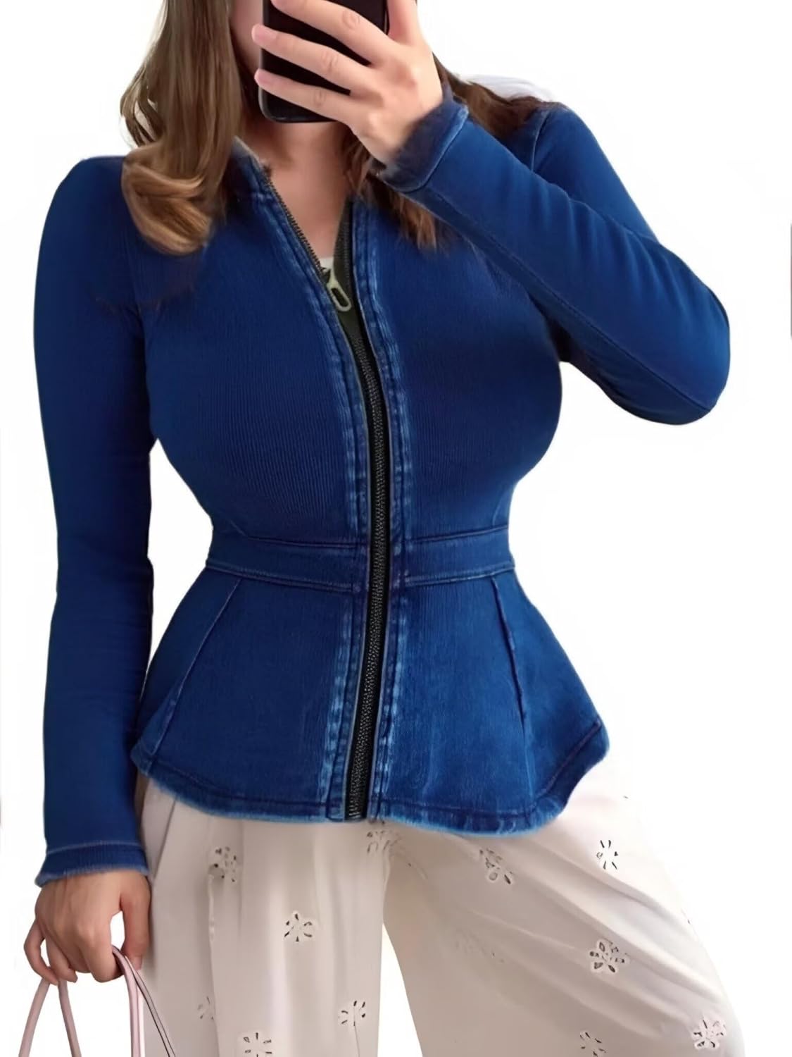 Casual Denim Peplum Jacket for Women Long Sleeve Zip Front Athletic Workout Ruffle Blazer Coats - Image 2