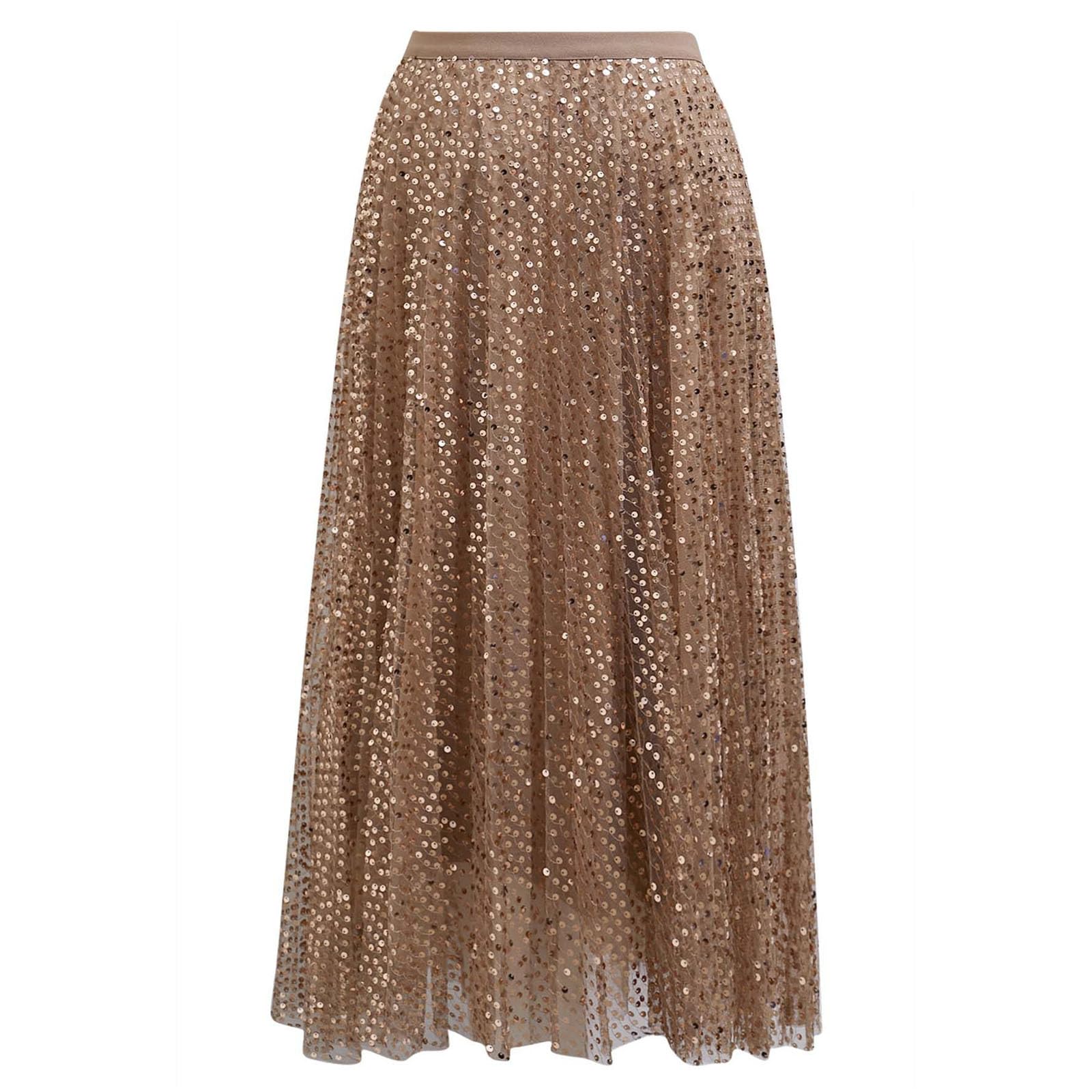 CHICWISH Falda tutú de tul con estampado de lentejuelas doradas y brillantes para mujer, falda acampanada de malla elástica de doble capa