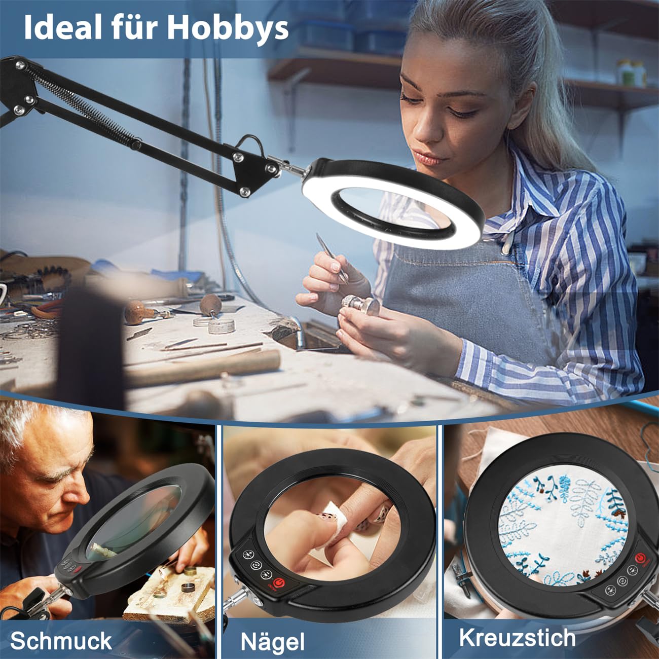 12X Stehlampe Lupe mit Licht und Ständer, 3-in-1 Flexible Schwenkarm Boden LED Lupenleuchte, 5 Farbmodus Stufenlos Dimmbar Leselupe, Freisprech Vergrößerungsboden zum Senioren Hobby