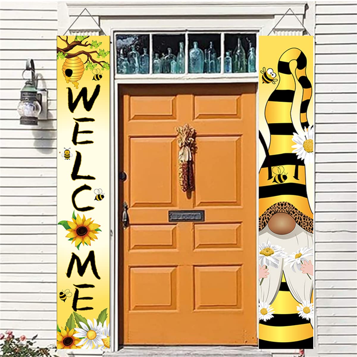 KYMY Welcome Honey Bee Happy Porch Banner with 12 x 71 inch, Vertical Sunflower Gnome Hanging Banner Front Door Sign for Seasonal Summer Farmhouse