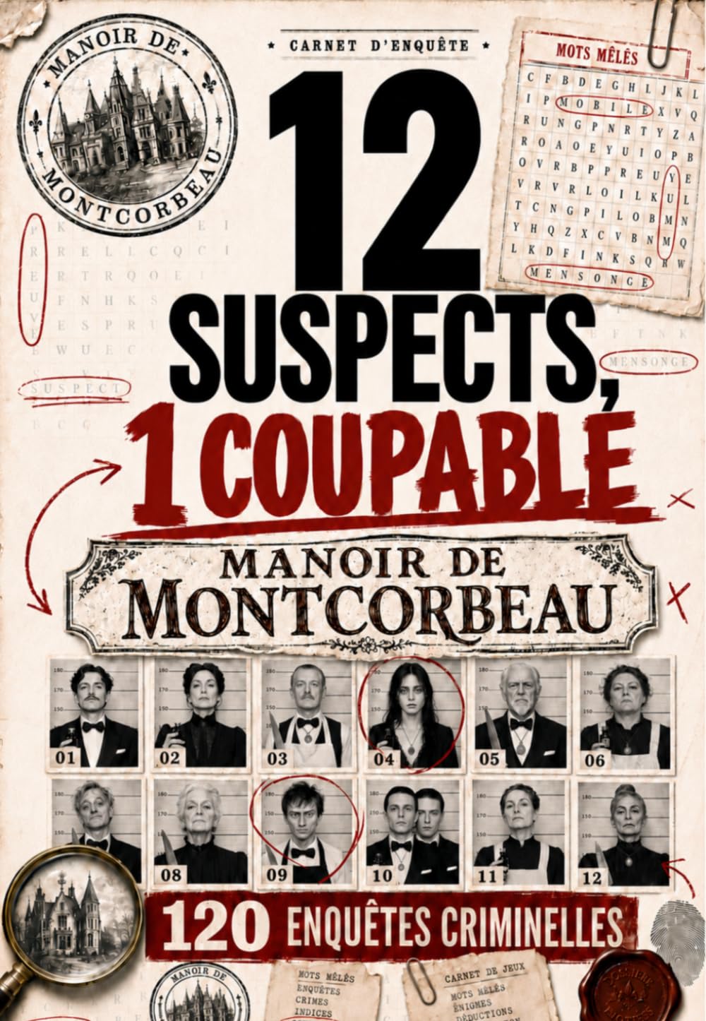 12 SUSPECTS, 1 COUPABLE: 120 Énigmes et Enquêtes Criminelles en Mots Mêlés au Manoir Montcorbeau