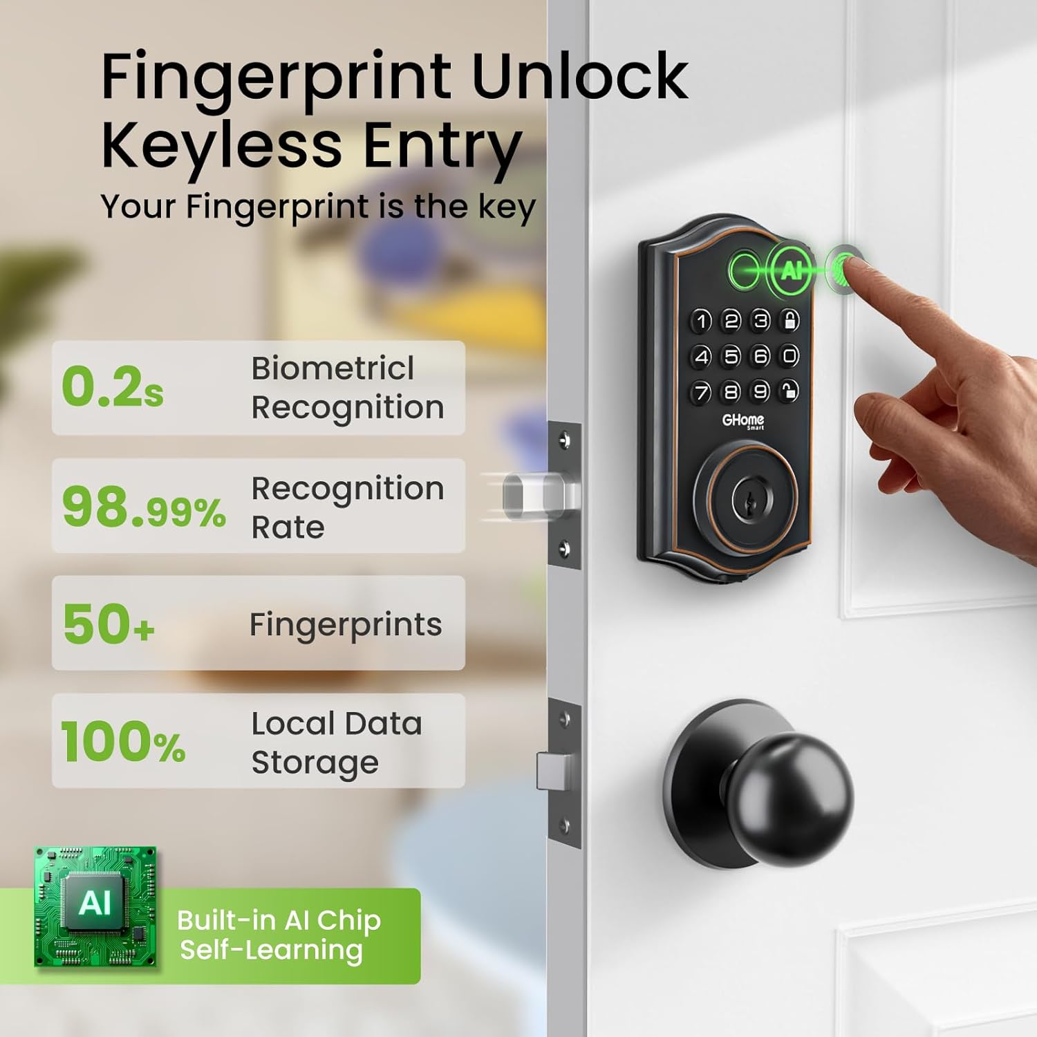 GHome Smart Deadbolt Lock, Fingerprint Code Keyless Entry Door Lock for Front Door, Auto Lock, App Control, Digital Keypad deadbolt, Smart Door Lock for Home Airbnb Apartment Hotel Garage, Black