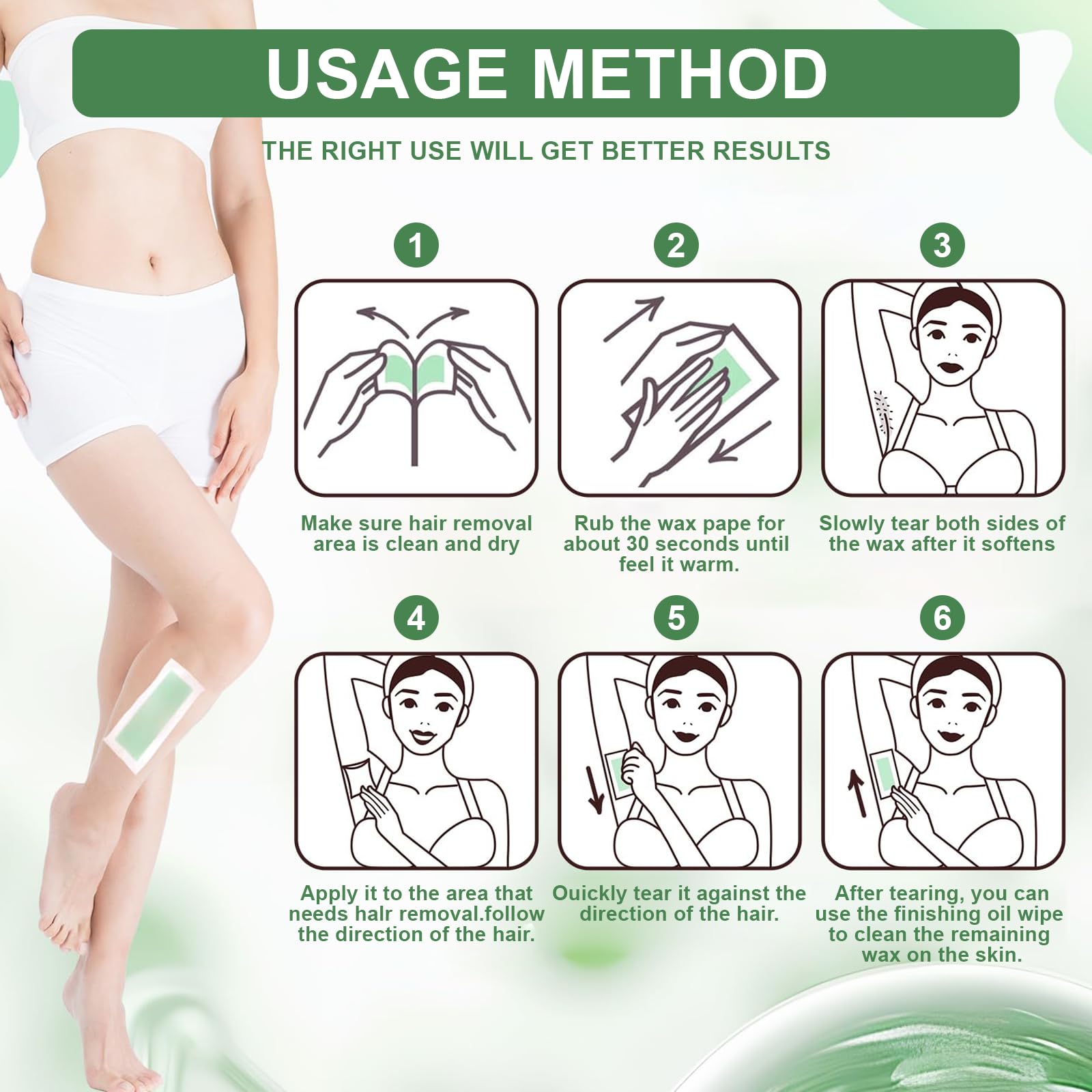 72 Piezas Bandas Depilatorias, Bandas para Depilación Con Cera, Cera Fría, Formulación Suave, Tiras Depilatorias Cera, para Piernas, Brazos y Zona Bikini, Verde