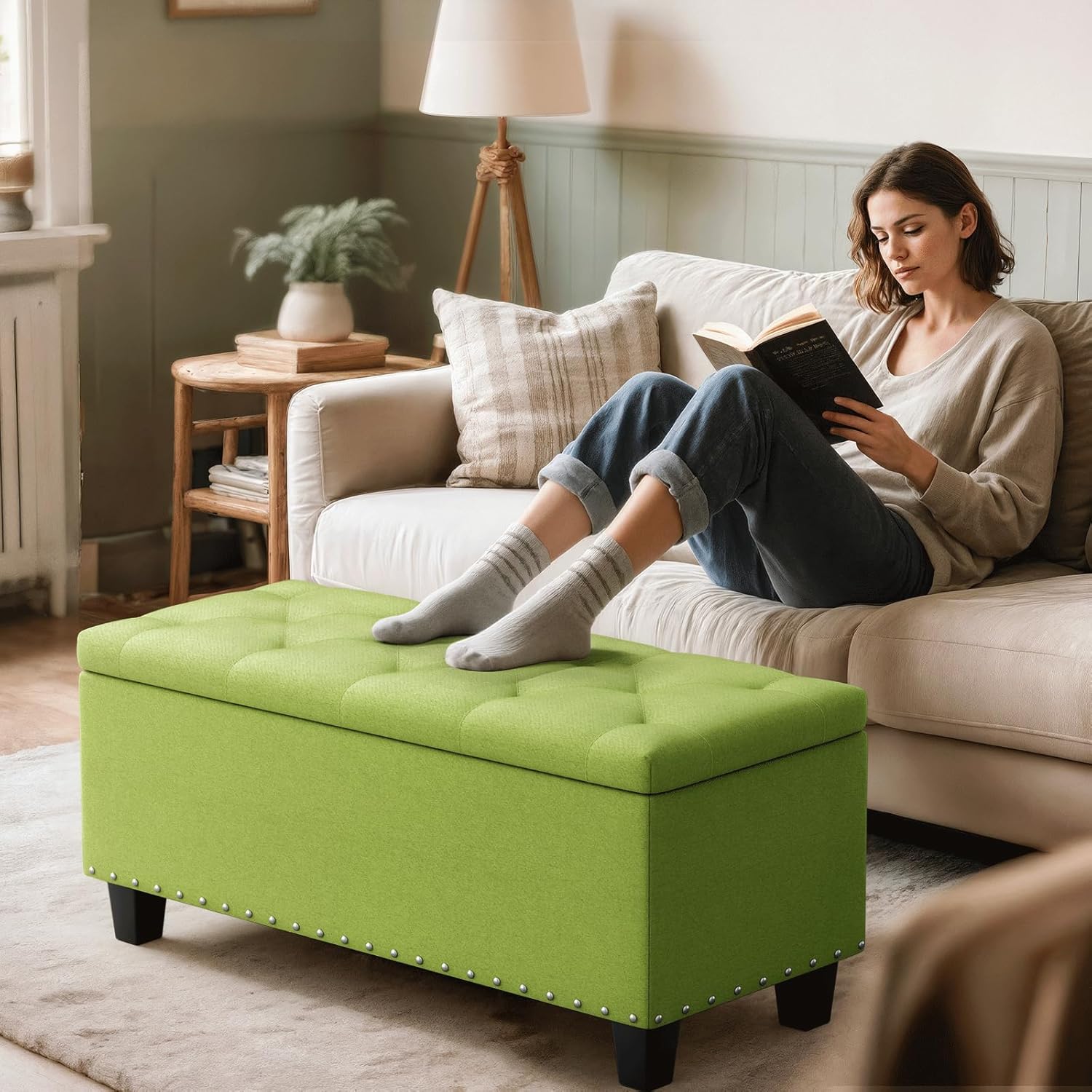 MoNiBloom 42 Inch Long Bench with Storage, Modern 40L Inner Space Green Linen Foot Stool for Bedroom, Upholstered Padded Rectangular Fabric Tufted Bench Footrest with Wood Legs with 660 Lbs Capacity