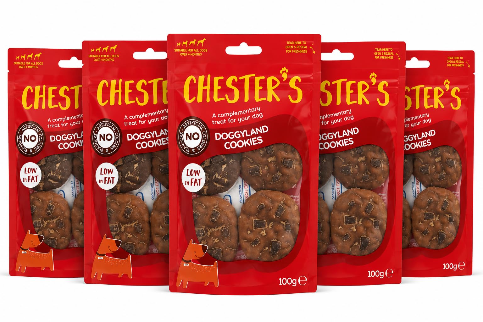 Chester’s Doggyland Cookies Dog Treats 100g x 5 – Low Fat Crunchy Dog Biscuits, Training Treats & Rewards, No Artificial Colours or Flavours, Complementary Snacks for Dogs Over 4 Months – Pack of 5