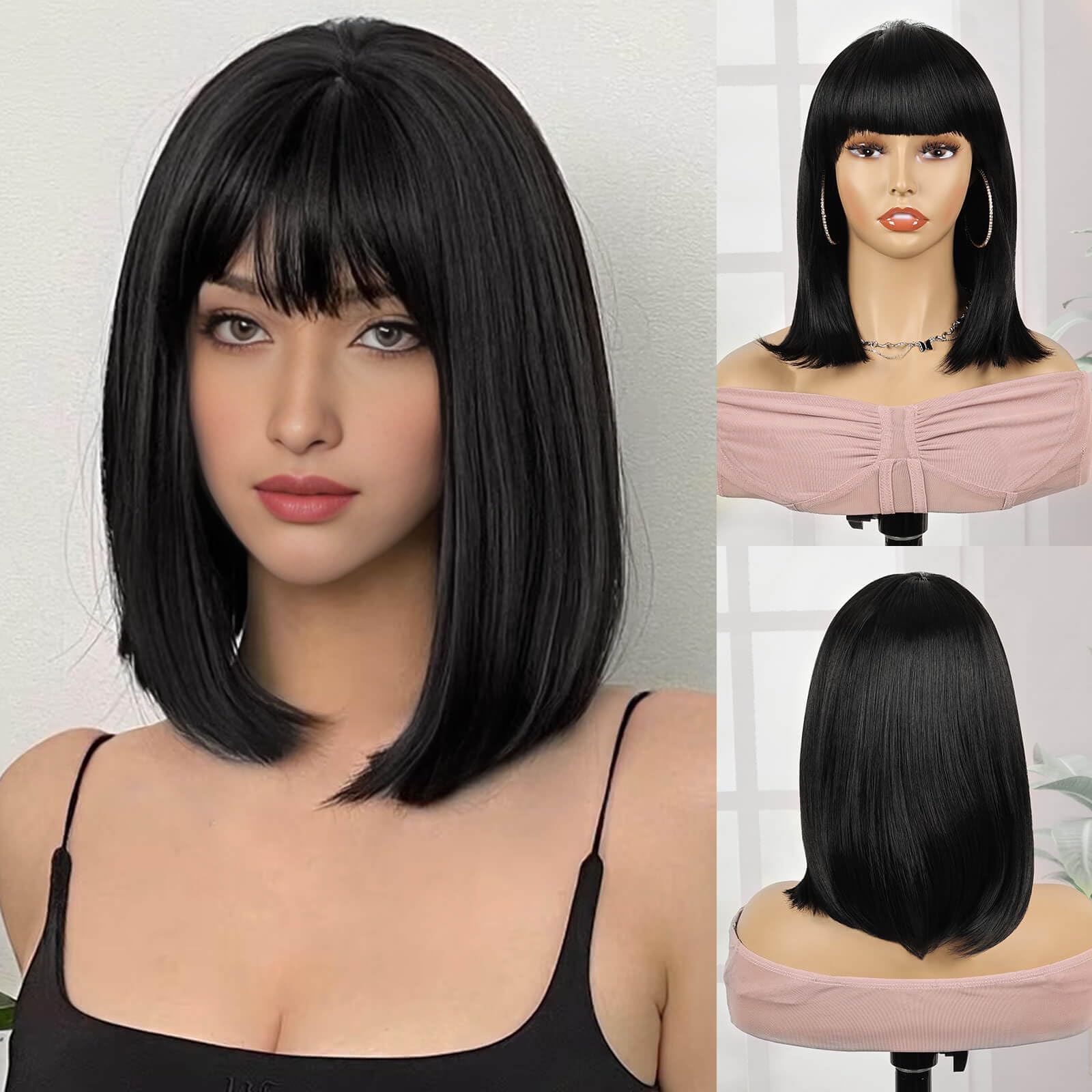Creamily Bob Cut Wigs for Women Full Head,Short Hair Wig for Women Full Head with Bangs,Black 12 Inch Ladies Wigs Natural Hair for Daily Use Diwali Cosplay-image-20