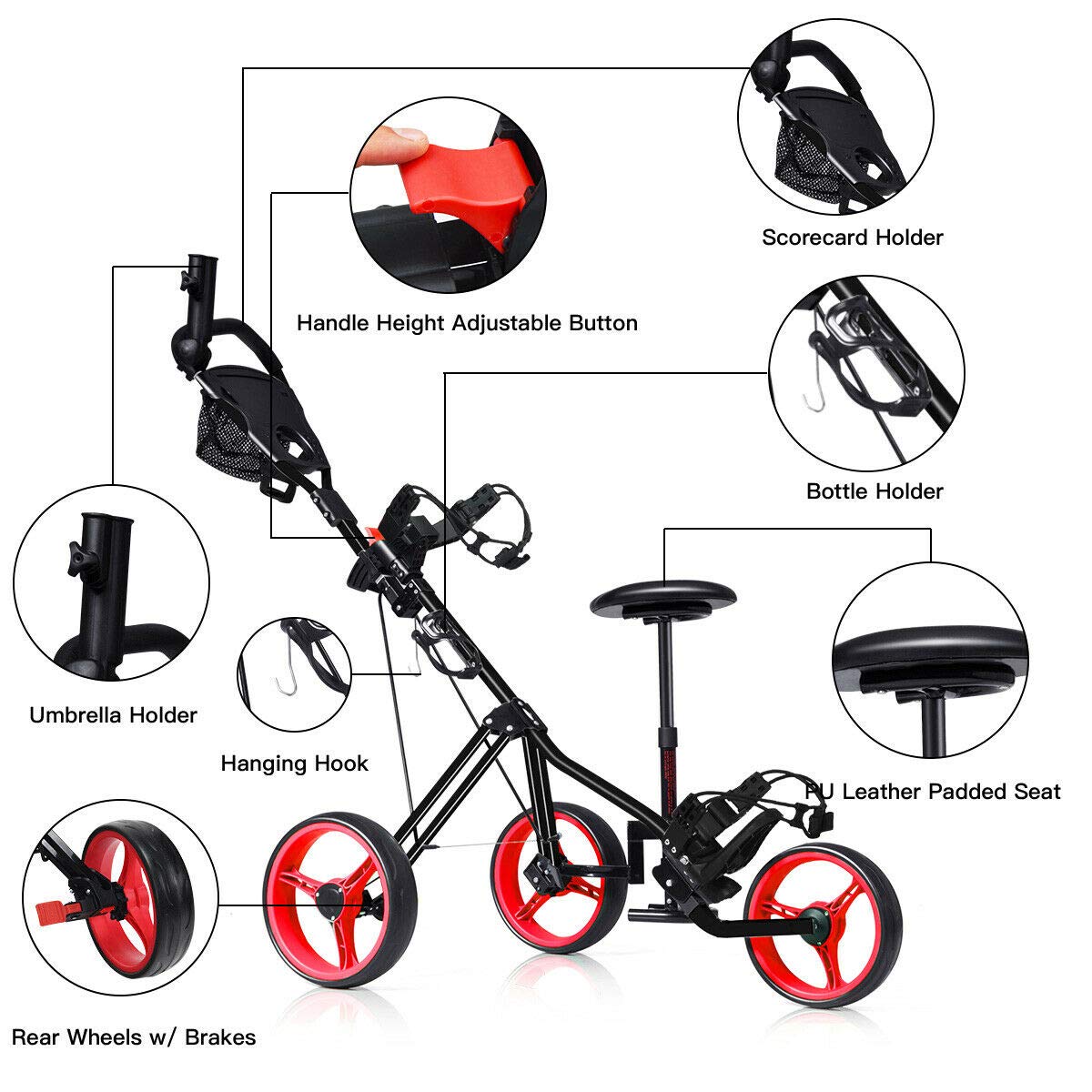 Tangkula Golf Push Pull Cart with Seat, Lightweight Foldable