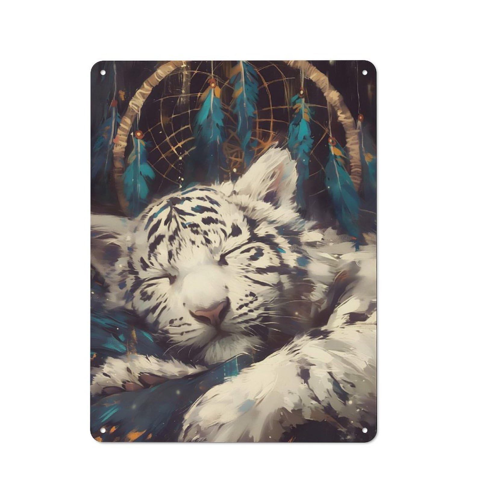 Junmoney Sleeping White Tiger Dreamcatcher Tin Wall Plaque 40X30cm With For Guest Room Or Hallway, For Metal Sign Collectors, For Garage And Workshop Walls