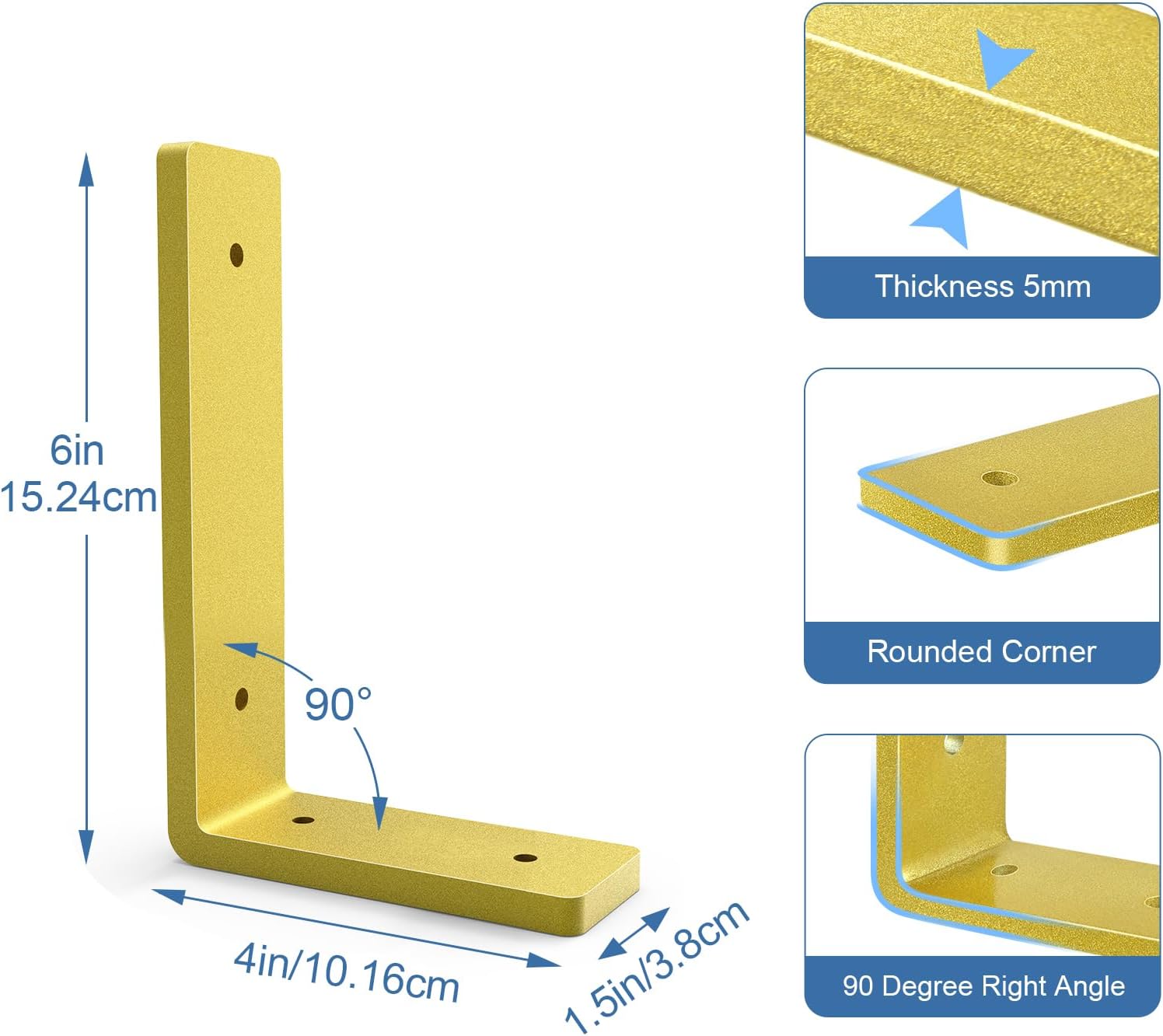 Heavy Duty Shelf Brackets, 8 Pack 6" x 4" Gold Metal Shelving Brackets 5mm Thick Shelf Support Bracket for DIY Decorative ( L 6" x H 4" x W1.5)