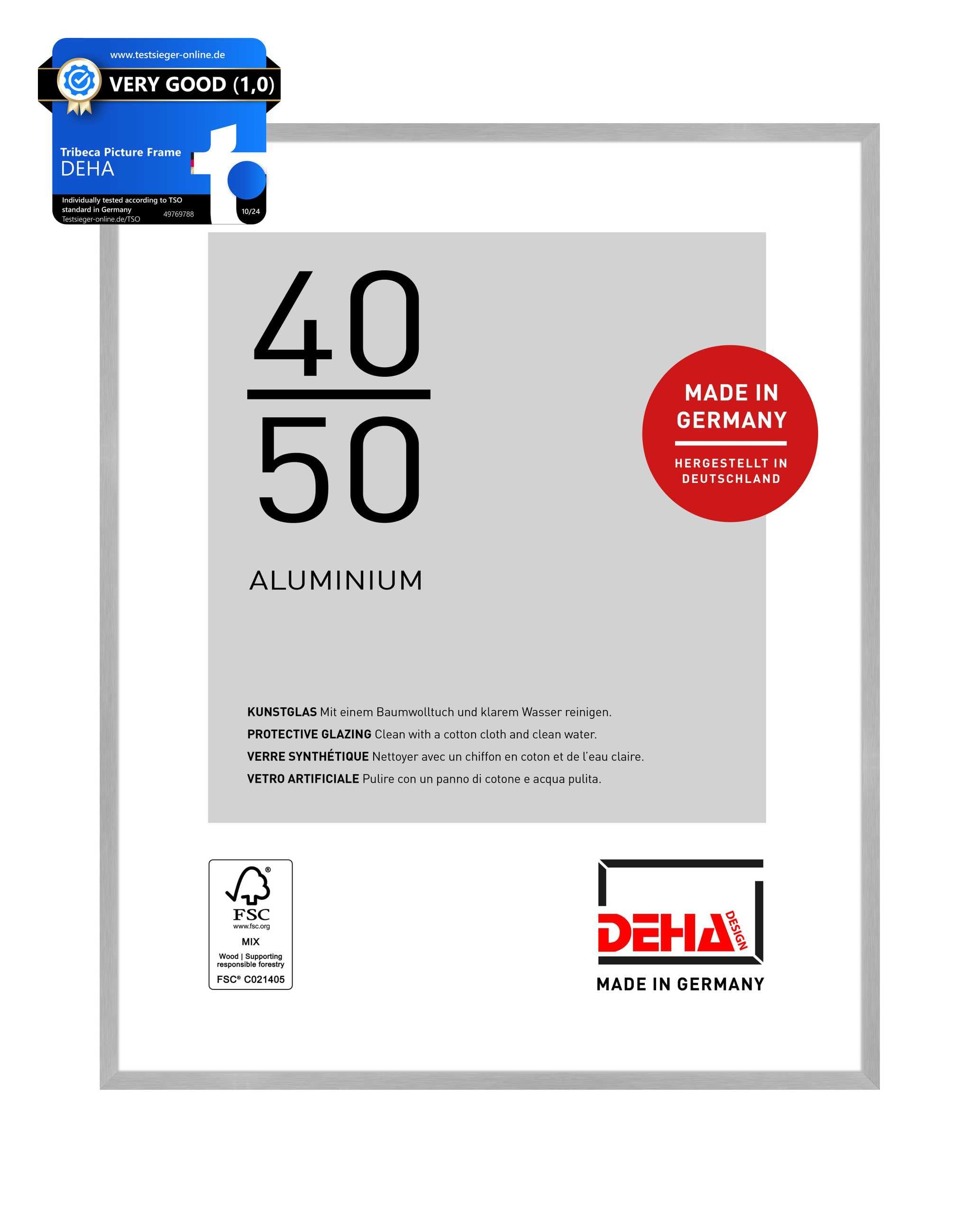 Deha Design Brushed Frosted Silver Tribeca Aluminium Picture Frame - 40X50 cm – Brushed Silver - With Synthetic Glass And Push/Turn Clips