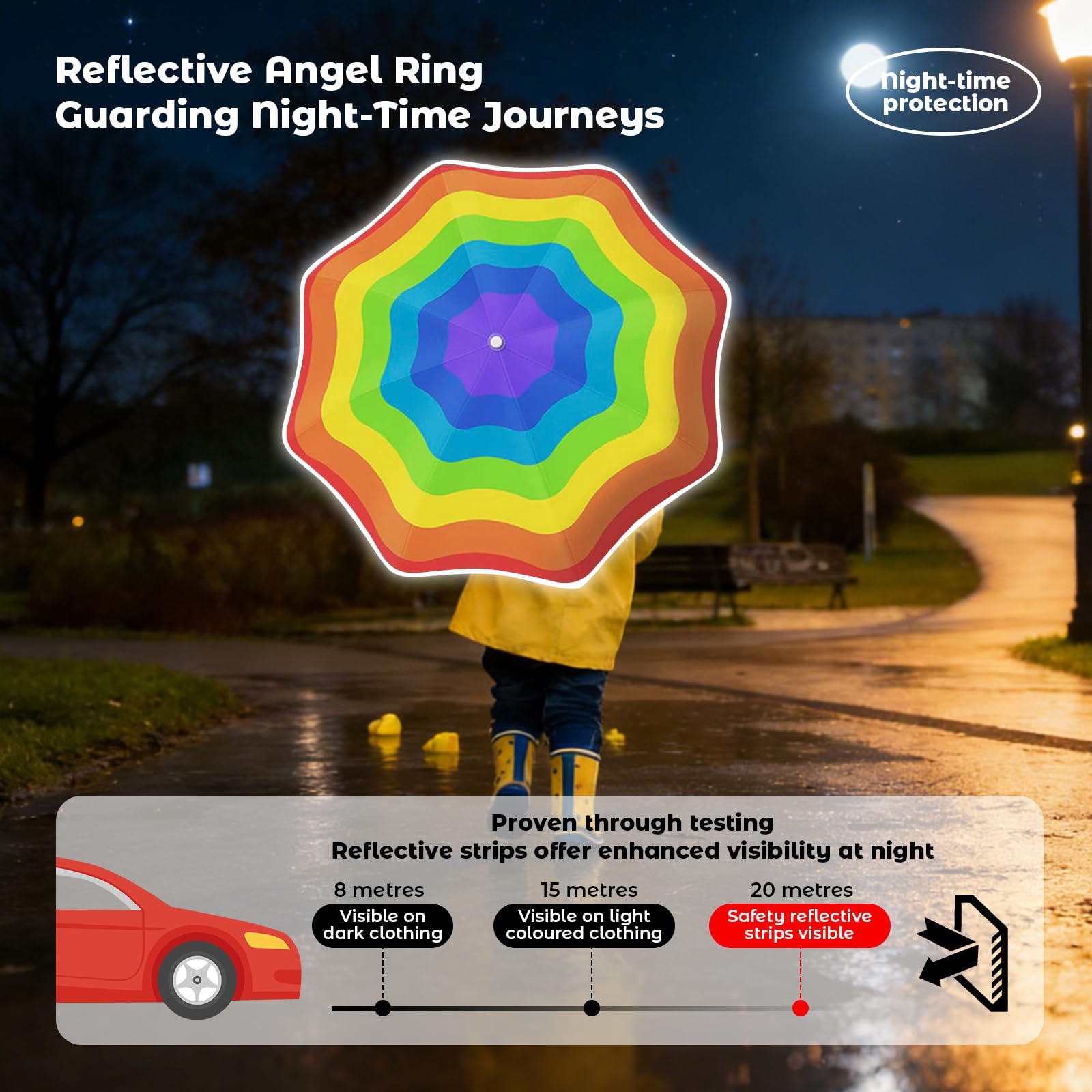 auvstar Ombrello riflettente, per bambini, antivento, automatico, pieghevole, con manico a gancio, apertura e chiusura automatica, UPF 50, arcobaleno