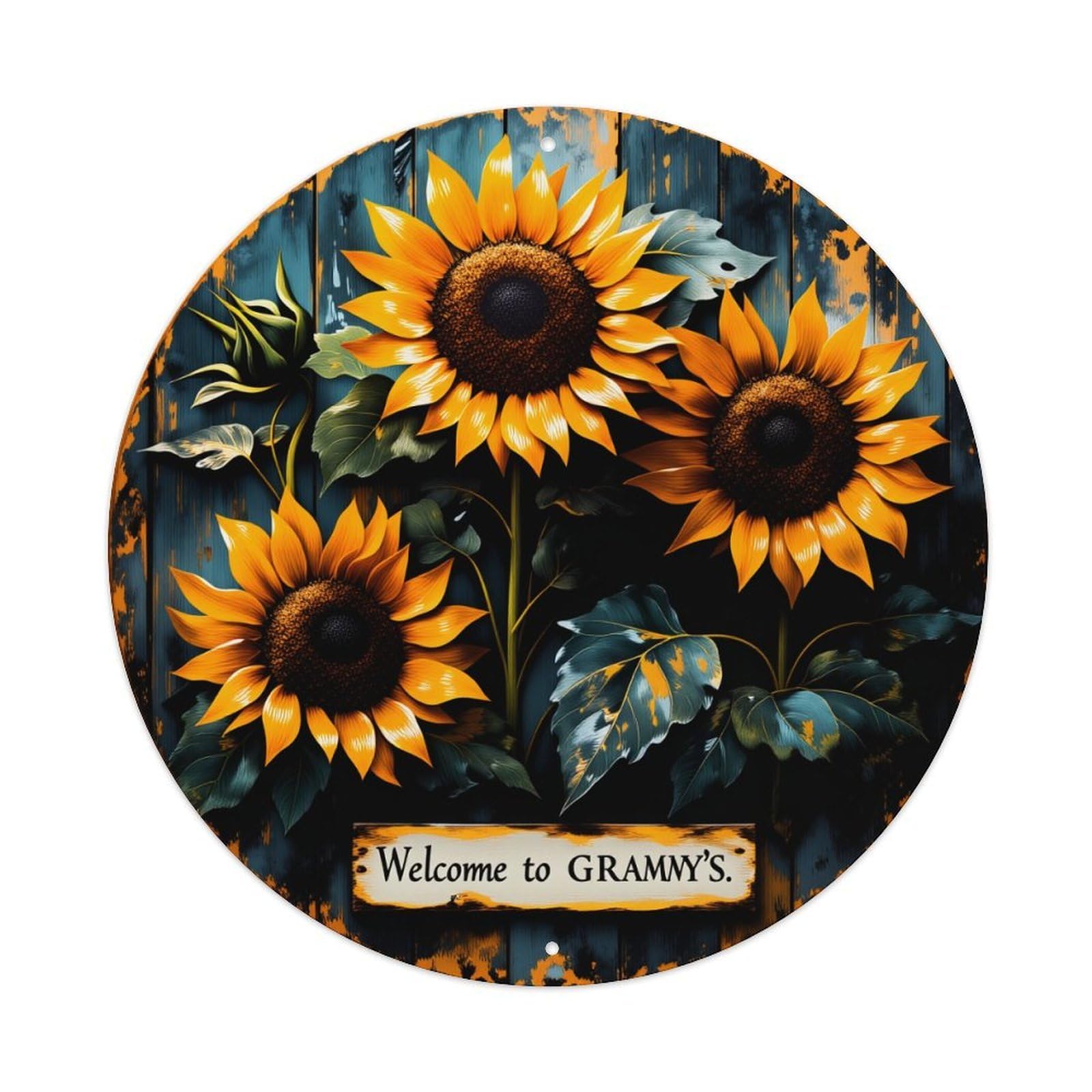 Sunflower Pattern On Wooden Background With Welcome Sign Round Vintage Tin Sign,Retro Wall Art,Metal Poster for Home, Bar, Garage, Cafe, Rustic Indoor & Outdoor Decor, 8x8 Inches