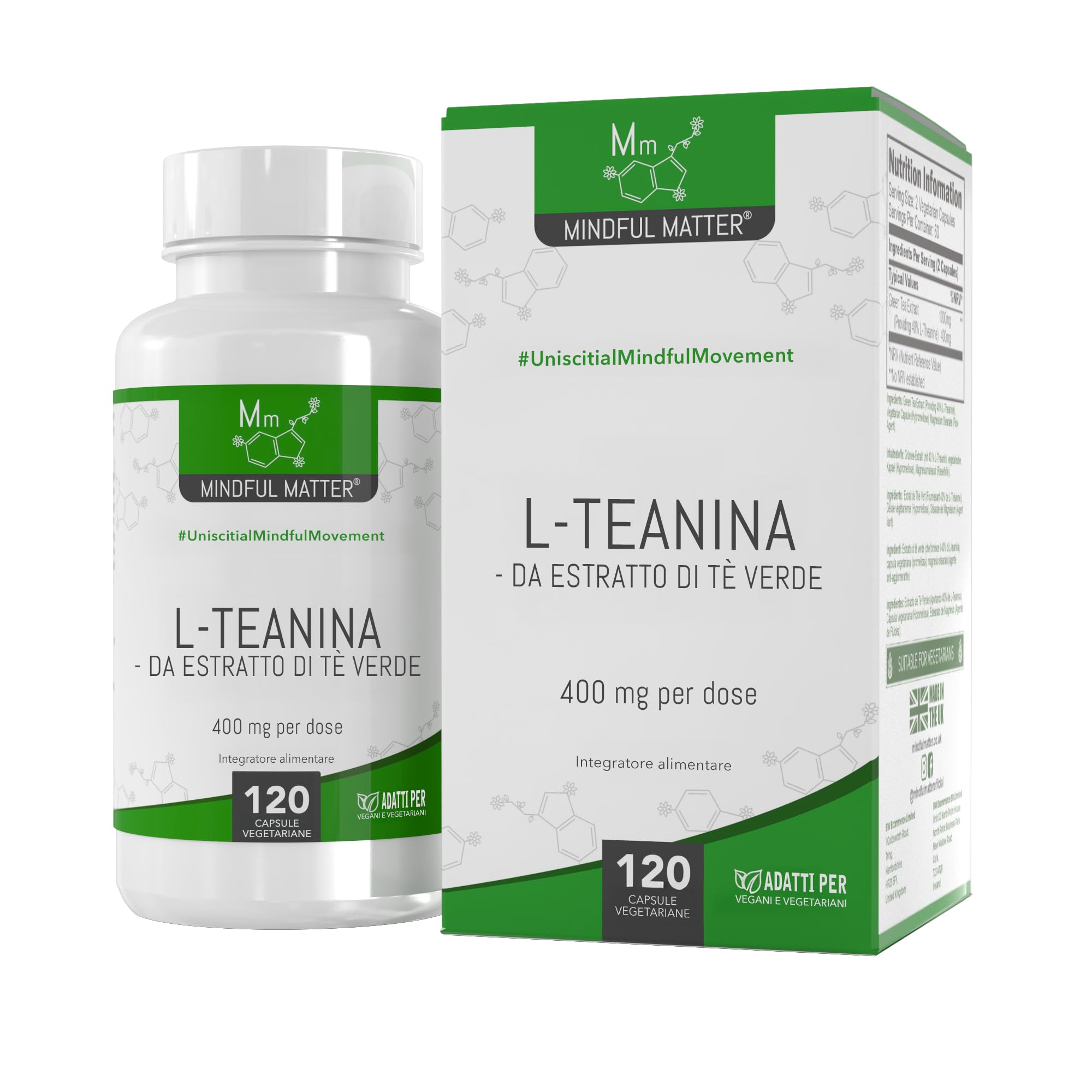 MM Teanina | 400mg di L Theanine per Dose | L Teanina Integratore ad Alta Potenza - 120 Capsule di L-Theanine da Tè Verde - | Non-OGM, Senza Glutine e Allergeni | Prodotto nel Regno Unito