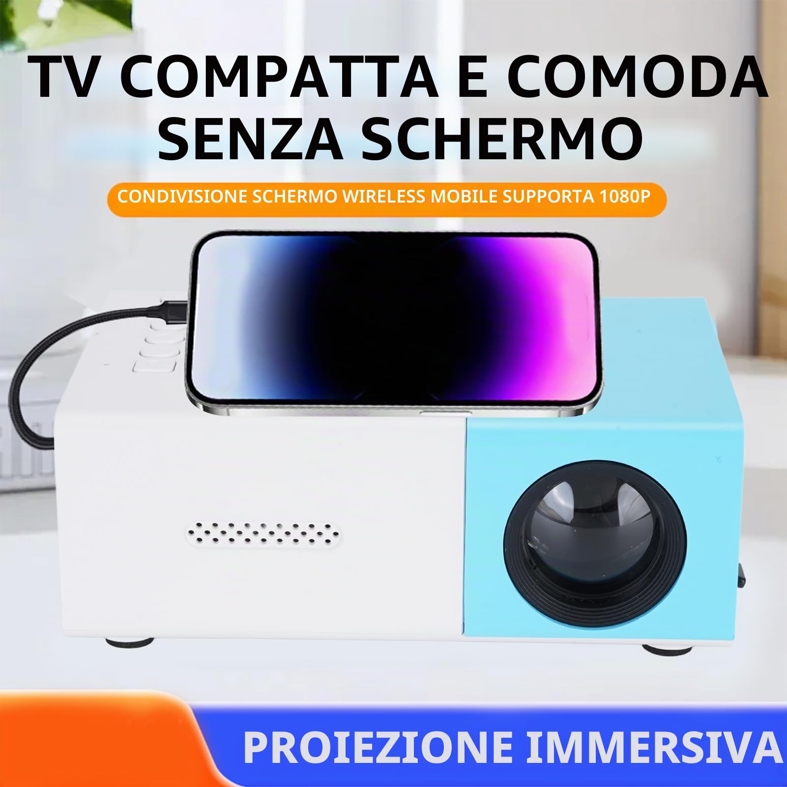 Mini Proiettore HD 1080p Portatile, Full HD Smart Home per Film con HDMI USB 3,5mm, Compatibile Smartphone Laptop TV Tablet PC, Correzione Trapezoide Automatica, Altoparlante Stere