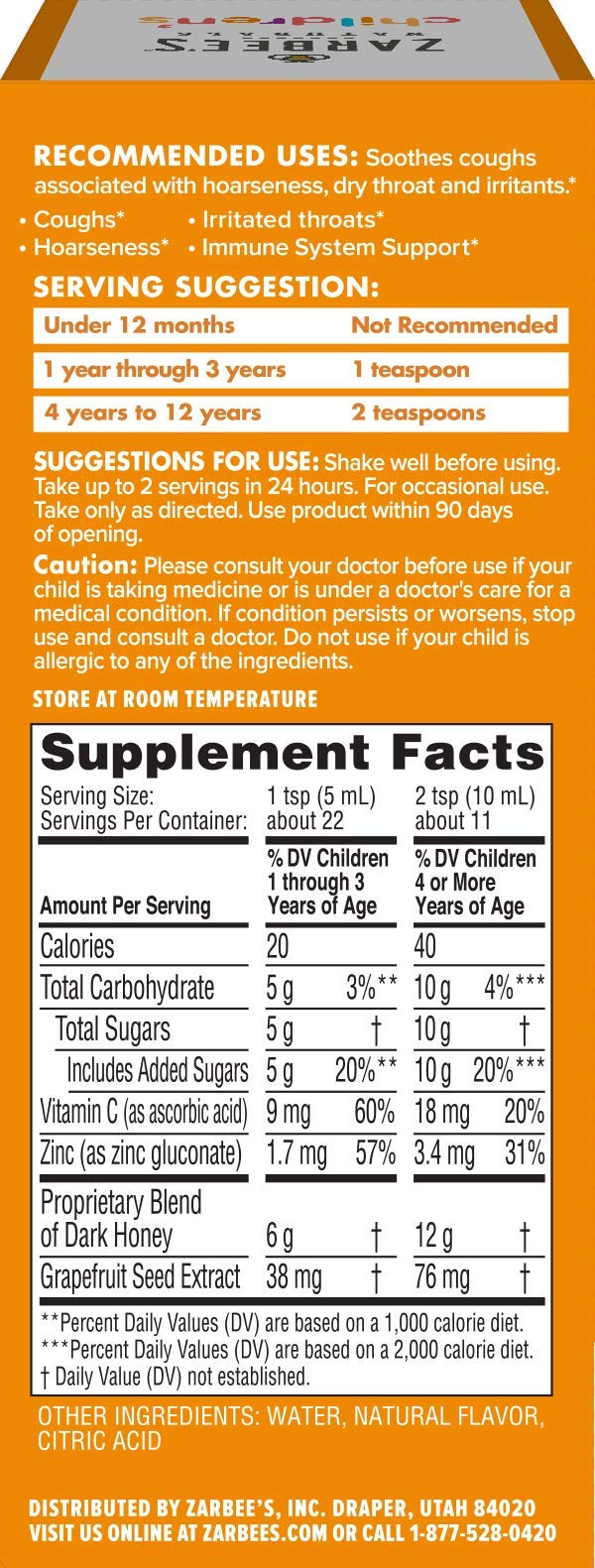 Zarbee's Naturals Children's Cough Syrup with Dark Honey, Natural