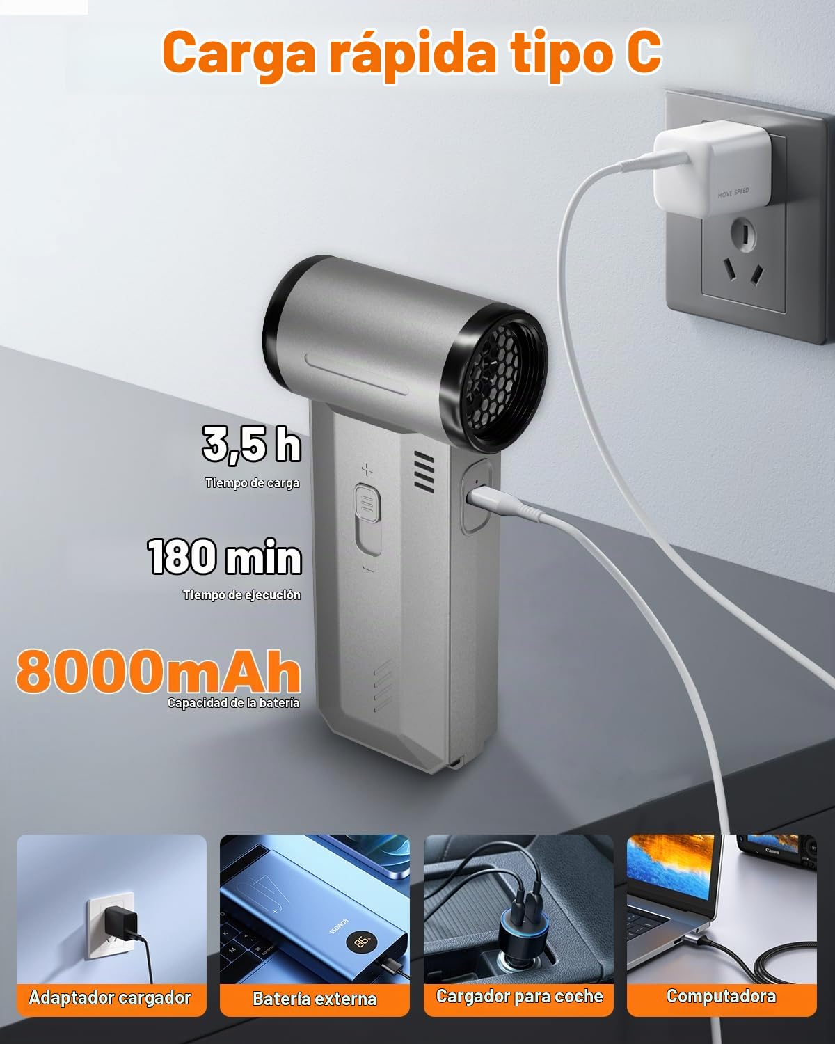 Buyounger Soplador de Aire Potente - 2 en 1 Air Duster & Aspiradora, 200000RPM Soplador Electrico Inalámbrico, Recargable 8000mAh & Velocidad Variable, Portátil para PC,Teclado, Exterior, Hogar y Auto