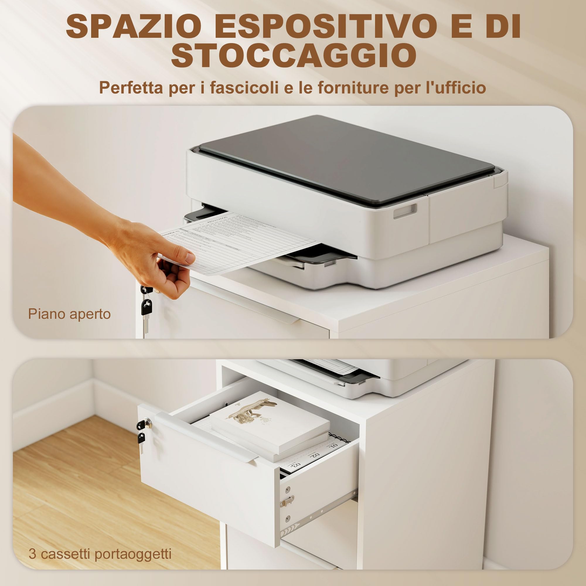 HOMCOM Schedario da Ufficio con 3 Cassetti, 4 Ruote, Cassettiera Ufficio con Serratura e 2 Chiavi per Lettera/Formato A4, Armadietto Verticale per Studio, 40x40x63.5 cm, Bianco e Grigio