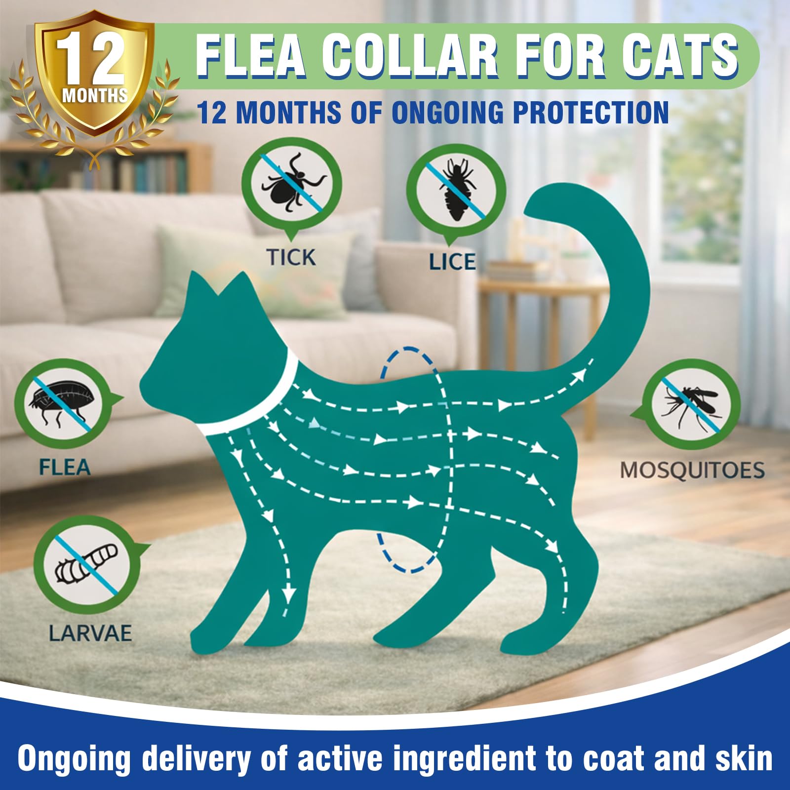 Inpumo Collar Antiparasitario para Gatos, Collar Antipulgas y Garrapatas Ajustable, Gregado con Aceites Naturales, Impermeable, Apto para Todos Los Gatos,12 Meses de Protección (1 Pack) - 3