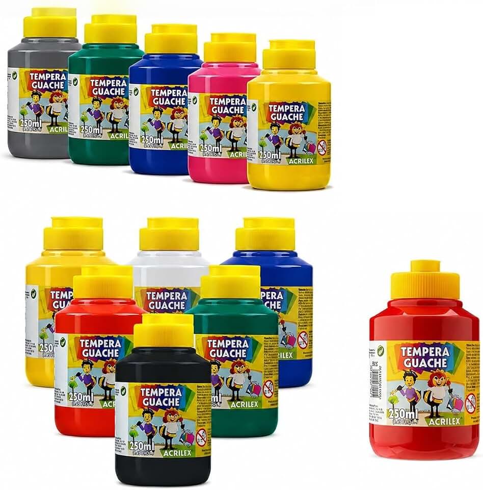 Kit Tintas Guache Acrilex 250ml 12 Cores Sortidas Pintura Artística