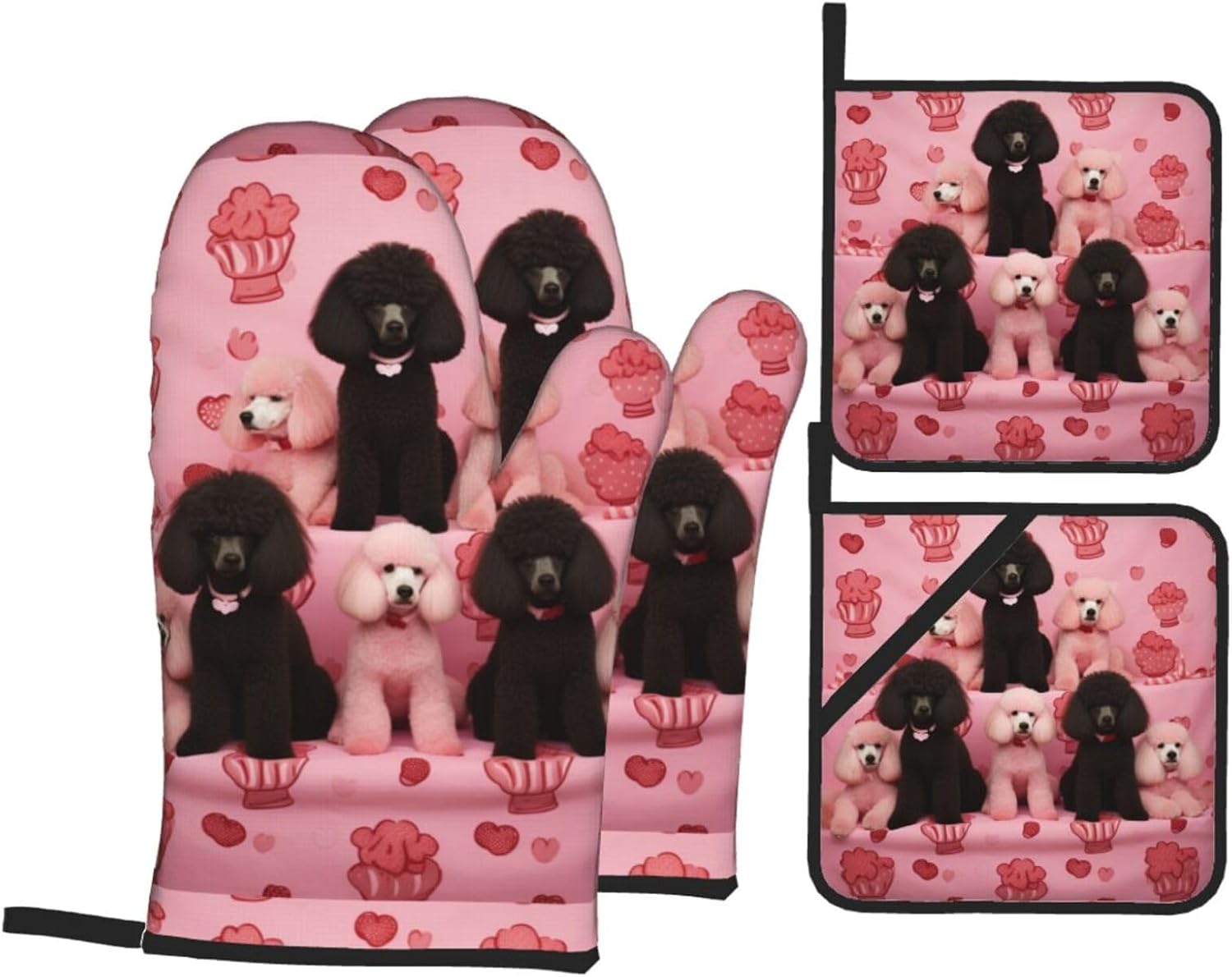 (Poodles Dogs) Baking 4-Piece Set: 2 Oven Mitts and 2 Pot Holders Heat Resistant Waterproof Hanging Loop for Kitchen Oven Grill Housewarming Gifts