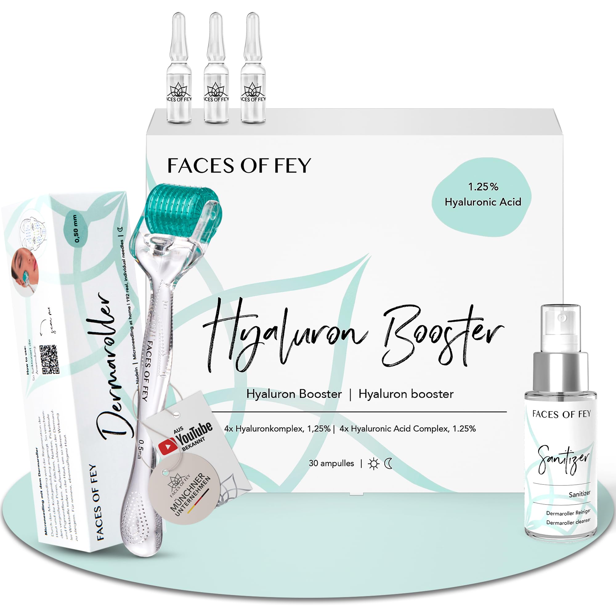 Dermaroller 0,5mm ECHTE Nadeln - Microneedling Anti Aging System 1 Monat - gegen Falten & schlaffe Haut - Zornesfalte, Strinfalten, Augenfalten, Nasolabialfalten, Mundfalten - FACES OF FEY