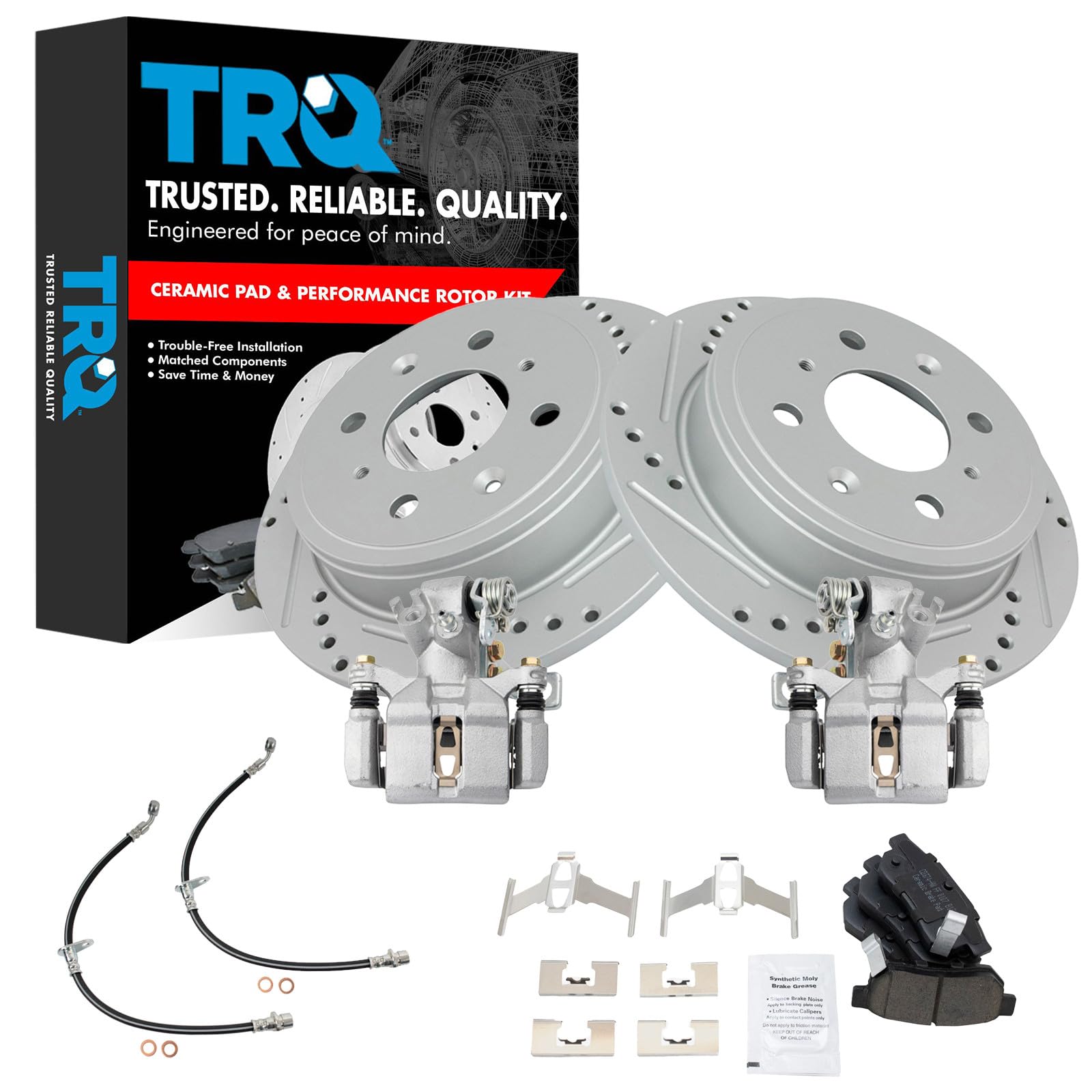 TRQ Performance Rear Brake Pad and Rotor Set Ceramic Slotted Drilled G Coated Rotors Calipers Compatible with 1992-1994 Honda Civic