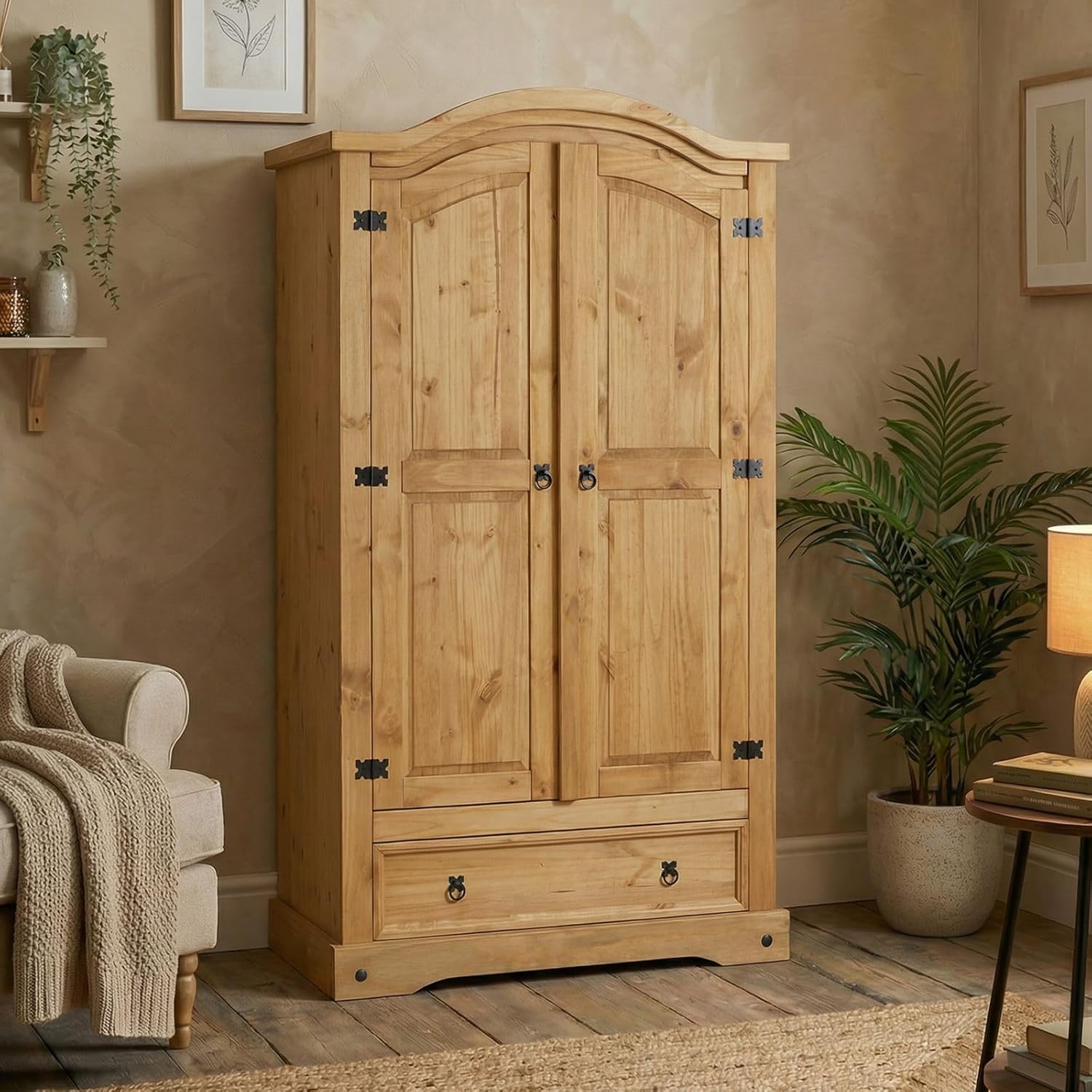 Kleiderschrank Salsa Garderobenschrank Mexiko Möbel Kiefer massiv, gebeizt/gewachst, 2 Türen und 1 Schublade