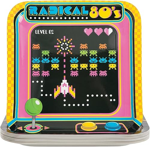 Fun Express Radical - Platos de papel de arcade de los años 80, suministros de fiesta retro de los años 80, tema de videojuegos para niños