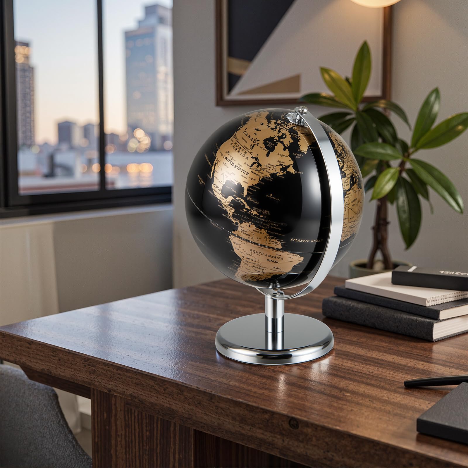 LIFEZEAL Globe terrestre antique de 20 cm avec pied en métal argenté - Pour étudiants et adultes - Décoration pour salle de classe, maison, bureau (Noir+Doré)