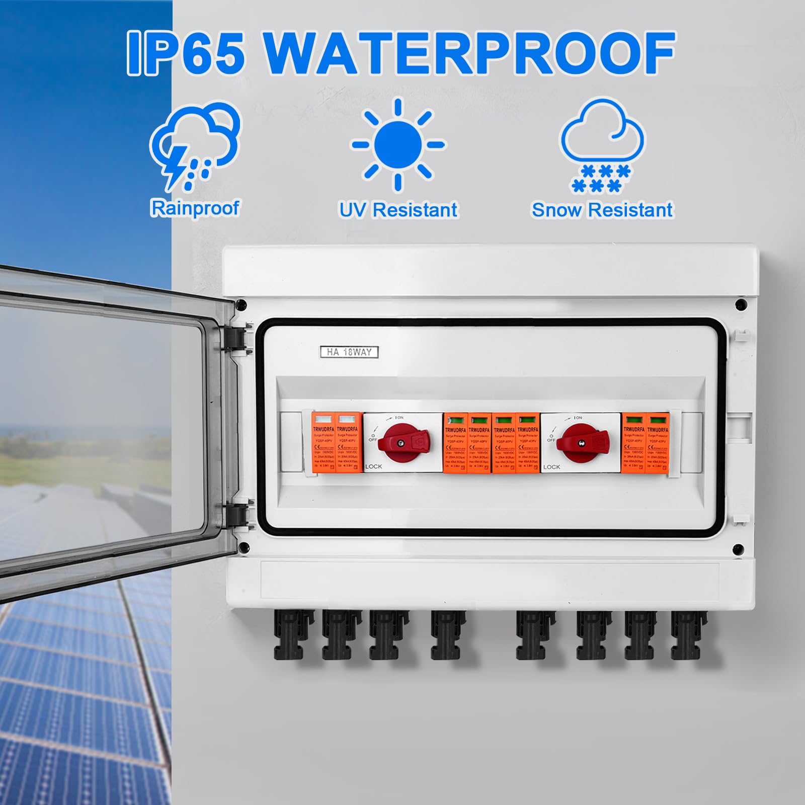 Überspannungsschutz PV 1200V 32A DC Trennschalter 4 in 4 out，Photovoltaik Anschlussdose mit 2 4P Drehmoment Leistungsschalter, 4 2P ÜA，Blitzschutz, Solar PV Anschlusskasten für PV Anlage