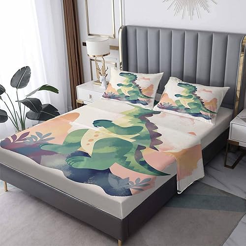 GEDAEUBA Sábanas de dinosaurio tamaño California King  Sábanas de dinosaurio para niños y niñas, juego de sábanas de animales con sábana bajera de