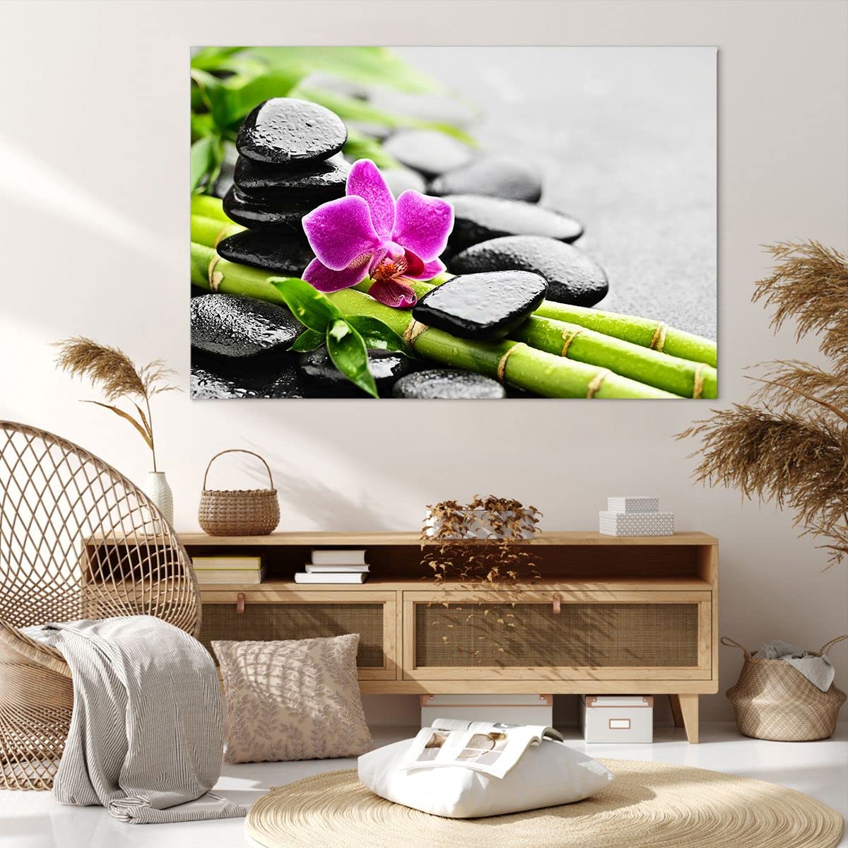 Tableau Toile Déco - Impression Bambou, Gouttes D'eau, Pierres Noires - 120 X 80 Cm - Sans Cadre