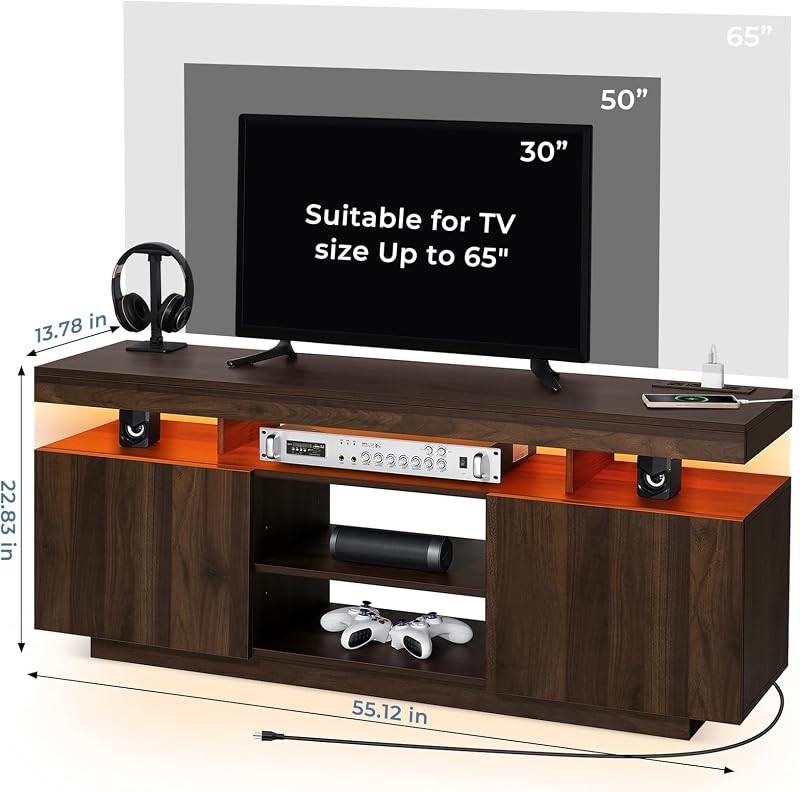 HOMMPA Modern LED TV Stand for 65 Inch TV, Walnut TV Console with Power Outlet, Entertainment Center with Storage for 65/60/55 Inch TVs, Rustic Gaming Media Console Cabinet for Living Room (55 Inch) image 2