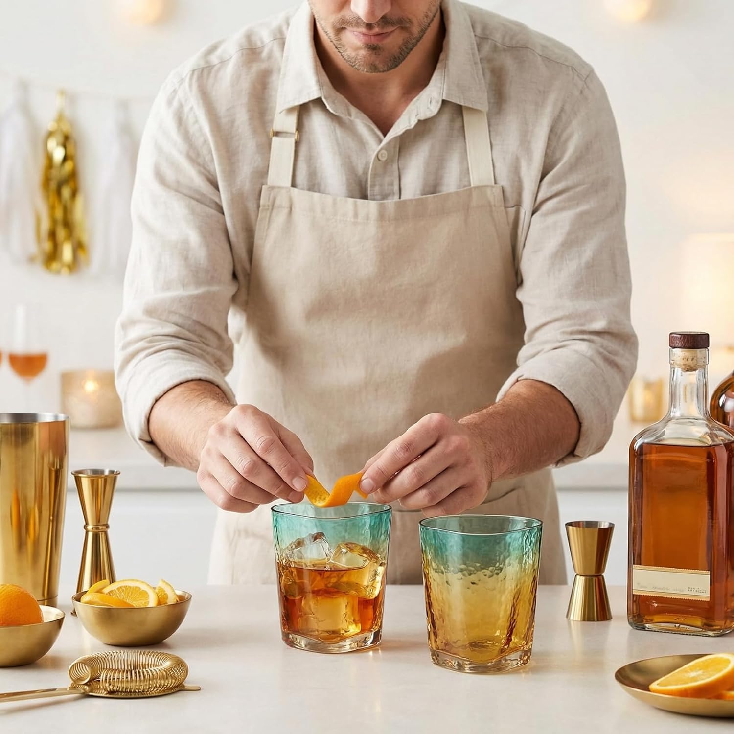 Khen Teal & Gold Hammered Lowball Glass, Single, 12.85oz Drinkware Tumbler Beverage, Elegant Tabletop Bar Dining Cocktail Hosting Celebration Anniversary Holiday Décor Gifting – 4.13"