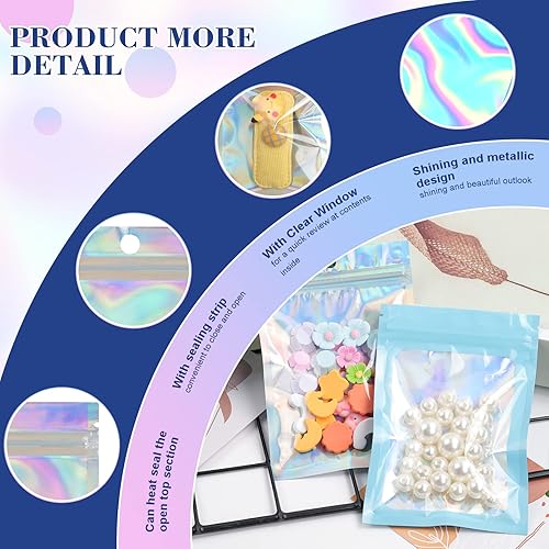 Miniatura 6 de 120 bolsas de Mylar resellables, a prueba de olores, para almacenamiento de alimentos, bolsas de embalaje holográficas con ventana frontal para