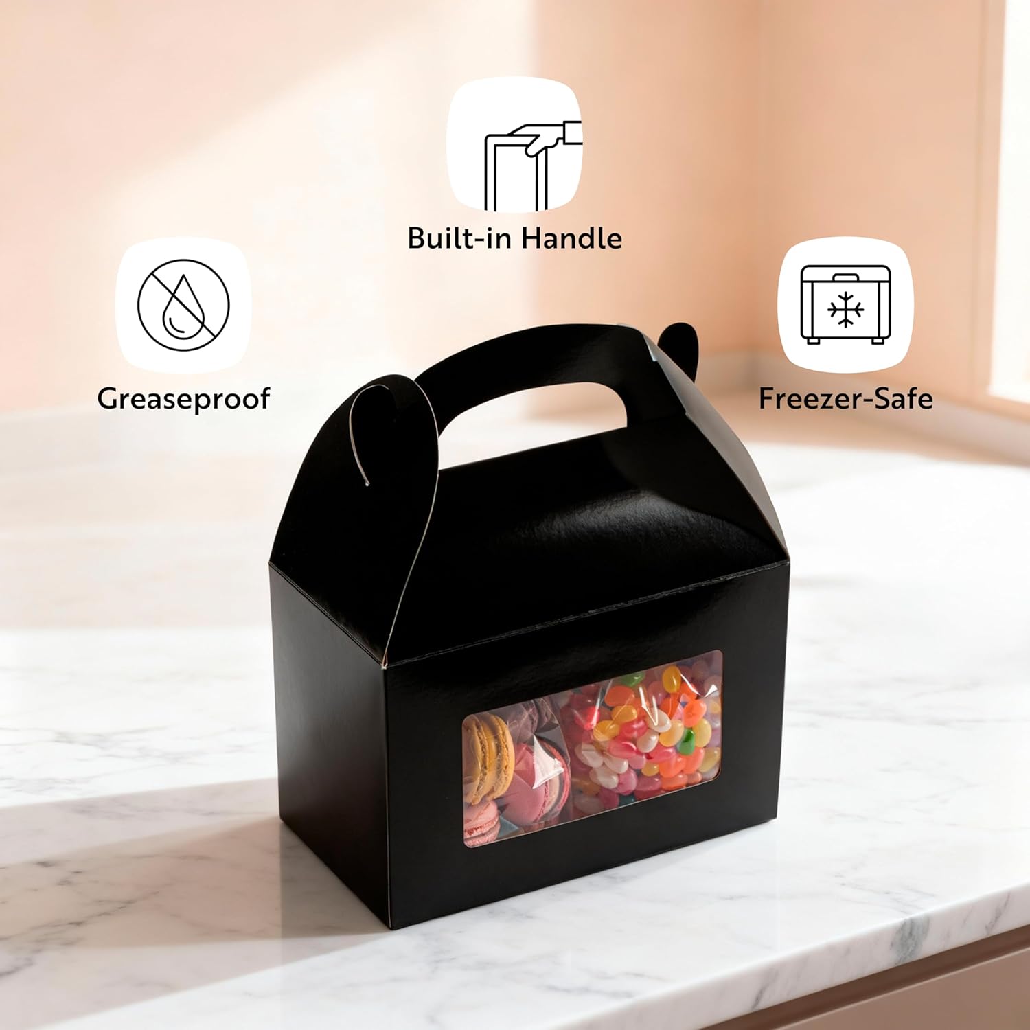 Restaurantware Bio Tek 8.5 x 4.8 x 5.5 Inch Gable Boxes For Party Favors, 100 Attractive Gift Boxes - Clear PET Window, With Built-In Handle, Black Paper Barn Boxes, Greaseproof, For Parties