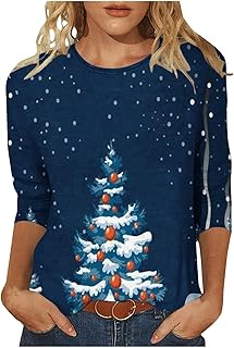 TURWXGSO Christmas Tops for Women UK Plus Size Women\'s Casual Christmas Print Round Neck Xmas Tops 3/4 Sleeve T-Shirt Blouse Loose Fit Soft Comfortable Pullover Lounge Wear for Holiday Party