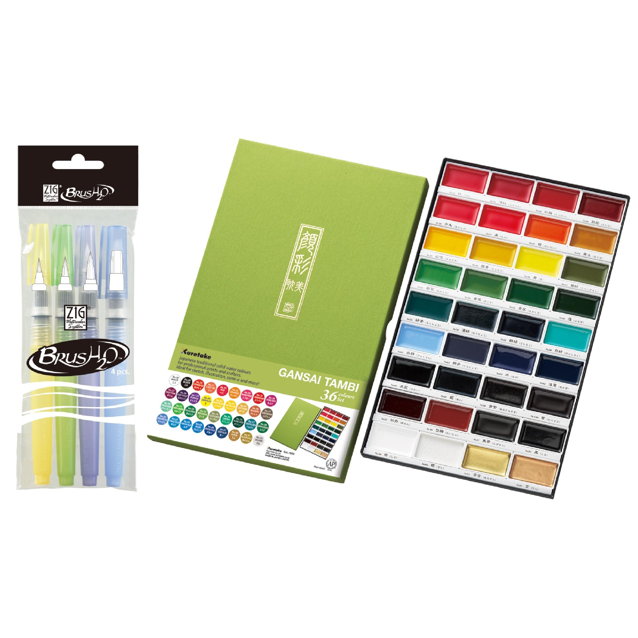 Kuretake GANSAI TAMBI 36 colors set & Kuretake Water Brush pens 4 Set