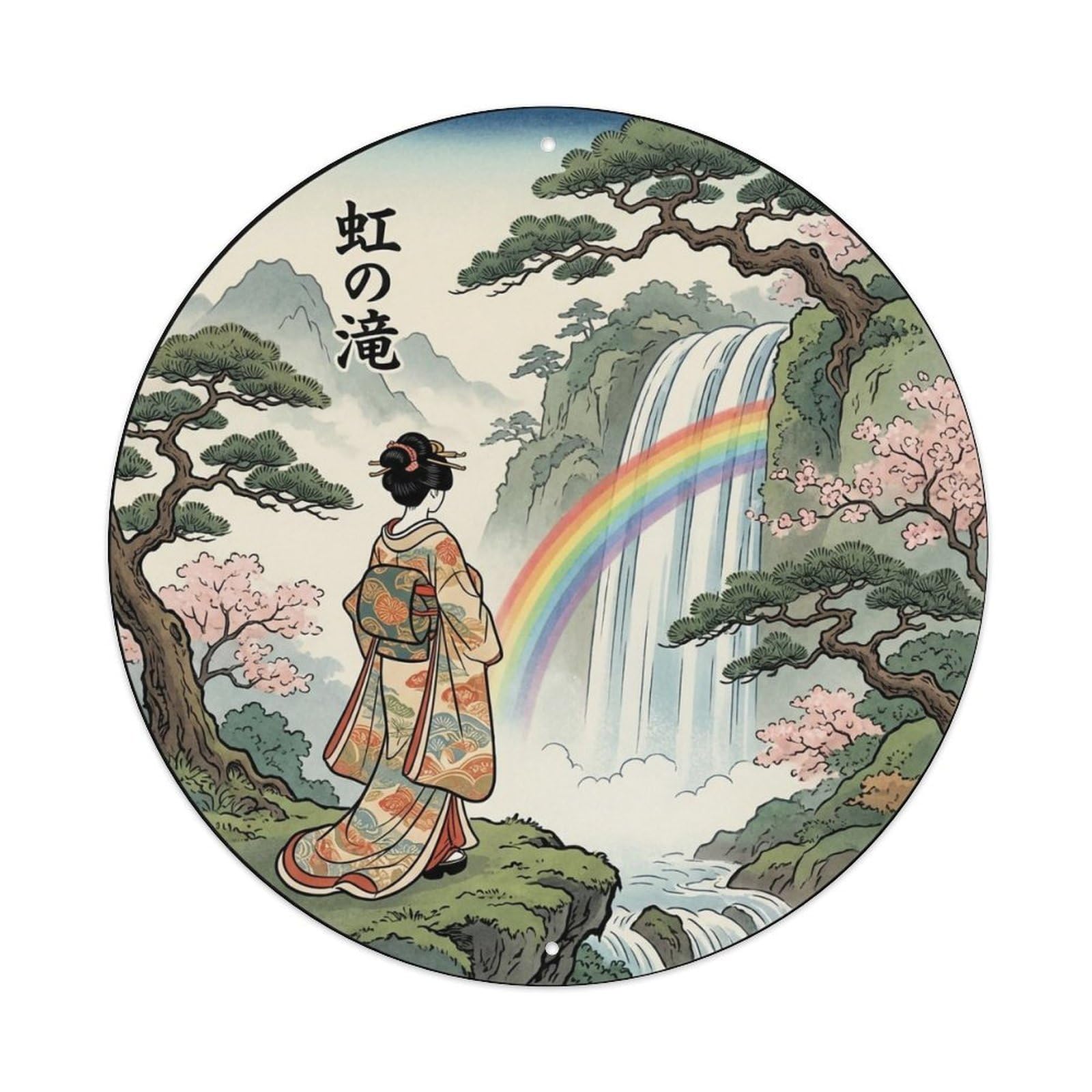 Yrnq 8X8inch Vintage Style Japanese Geisha Waterfall Rainbow Mist Scenery Metal Tin Sign